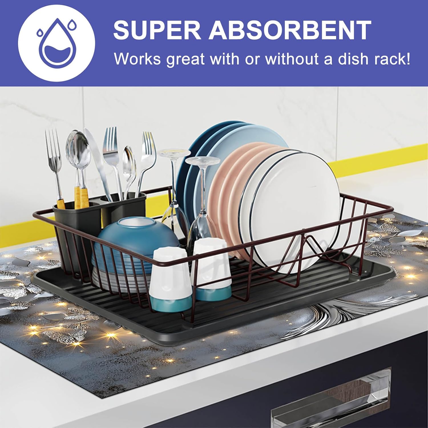 HOMETITUTE Silver Butterfly Tree Stove Top Cover for Electric Stove Decorative 28x20 Inch Diatomite Heat Resistant Kitchen Cooktop Protector Countertop Mat with Sparkling Metallic Leaves Design