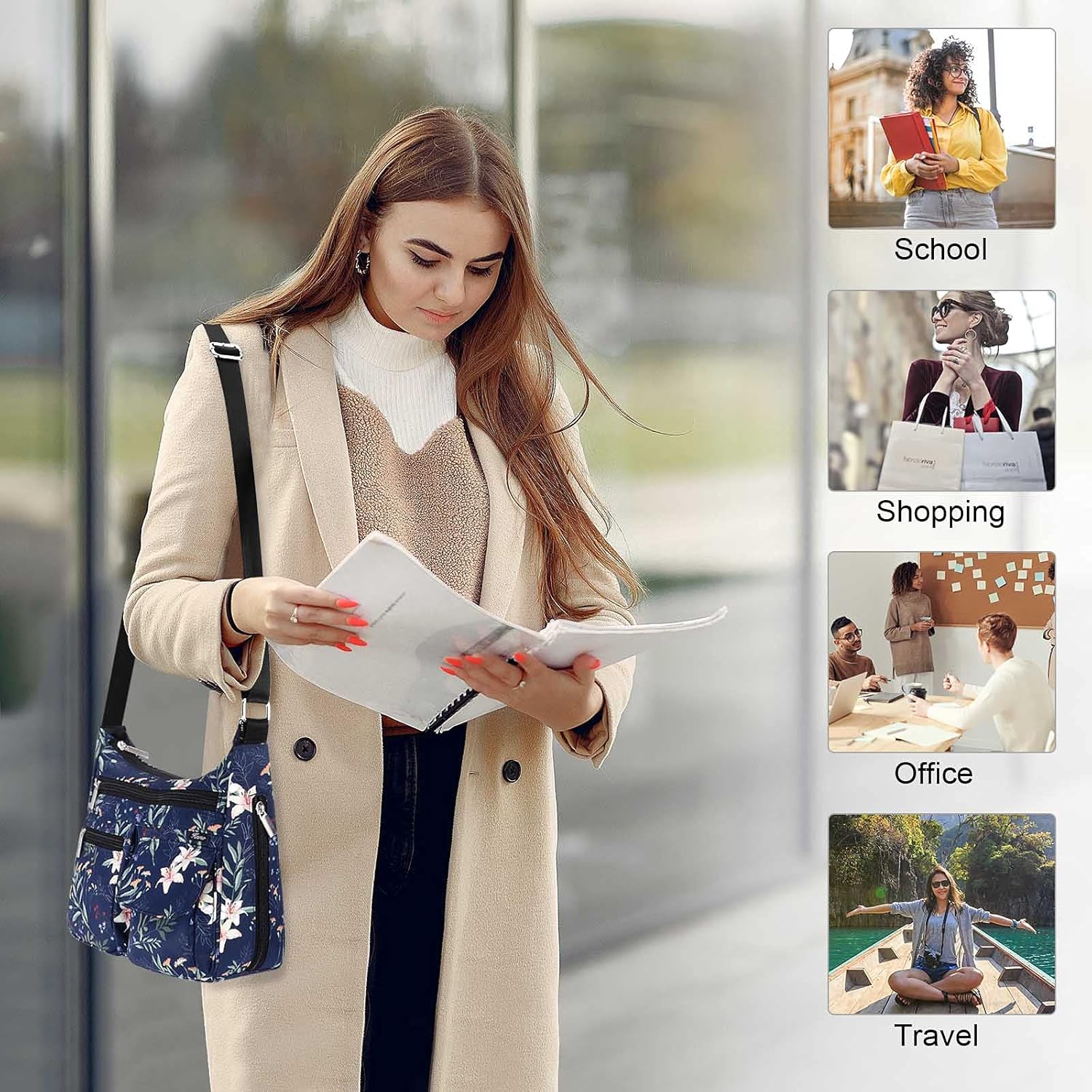 Kamo Crossbody for Women - Multi-pocket Shoulder Lightweight Messenger Casual Printed Purse Handbag Travel Bag - Image 5