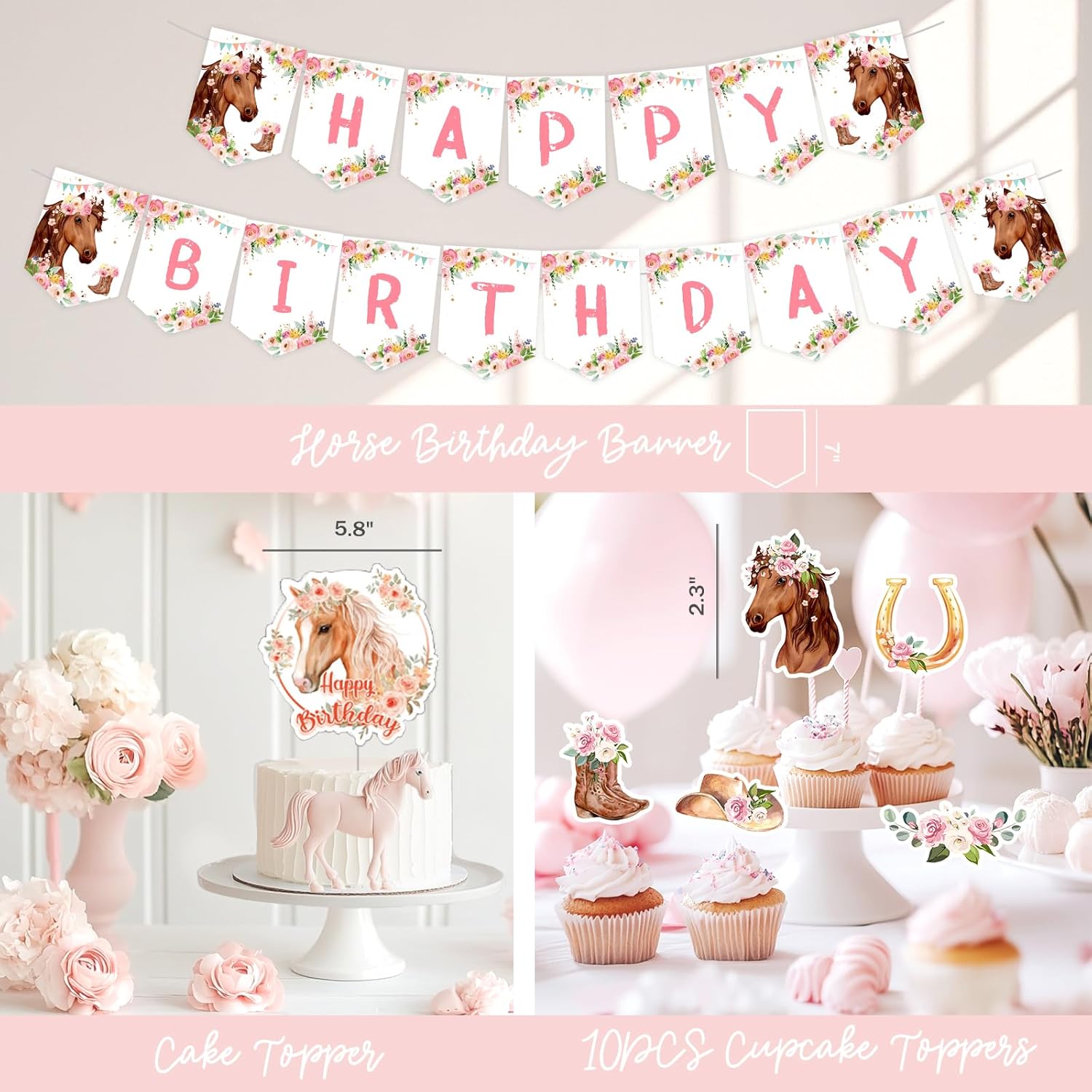 Party Inspo Horse Birthday Decorations for Girls – 94PCS Western Cowgirl Rodeo Party Supplies Set with Backdrop, Pink Brown Balloon Garland, Banner, Tablecloth, Hat Boot Flower