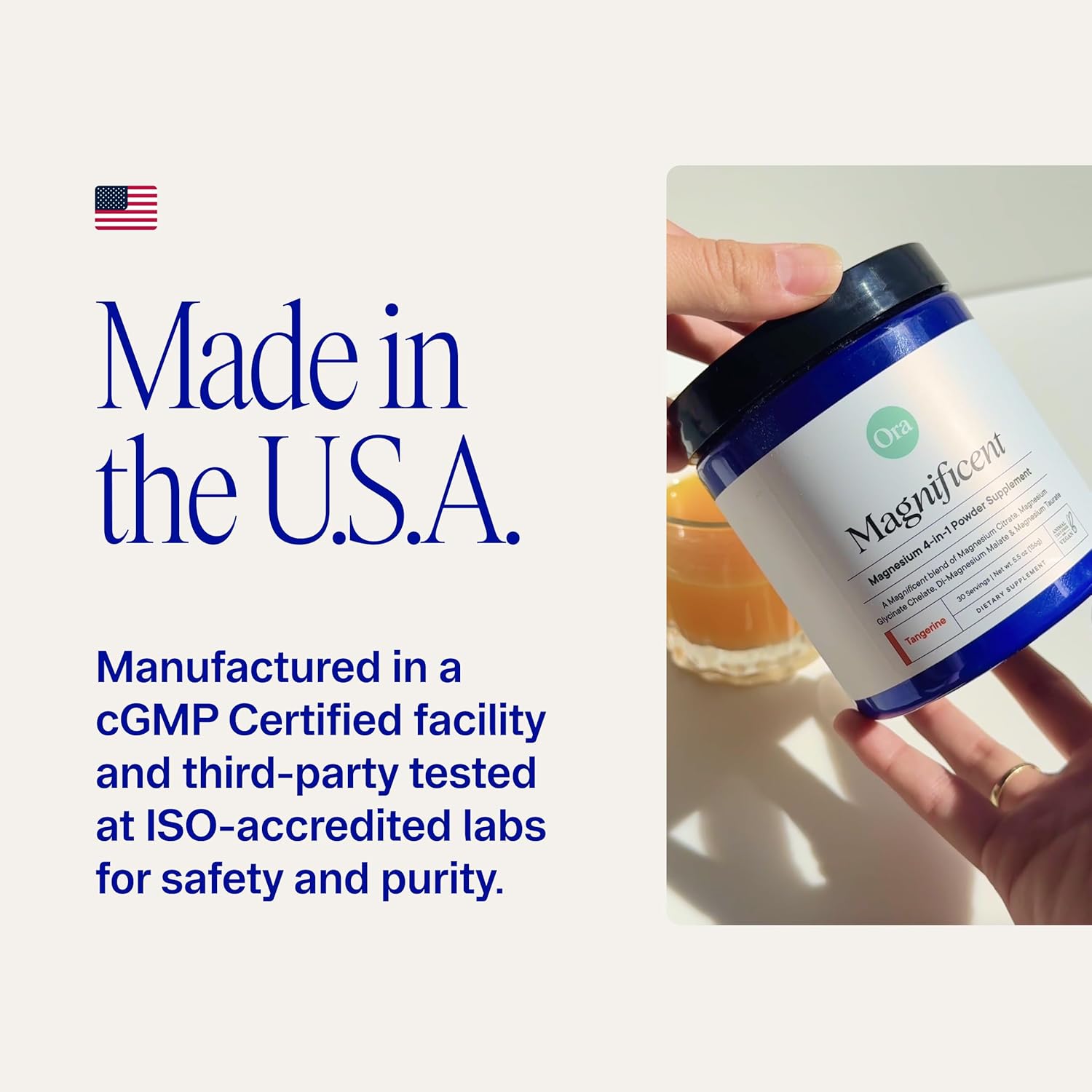 Ora Organic Magnesium Complex Powder Supplement - 4-in-1 Magnesium: Glycinate, Taurate, Malate & Citrate | Vegan, Gluten-Free | Tangerine Flavor | Calm Support for Sleep, Stress & Muscles | 30 Serving