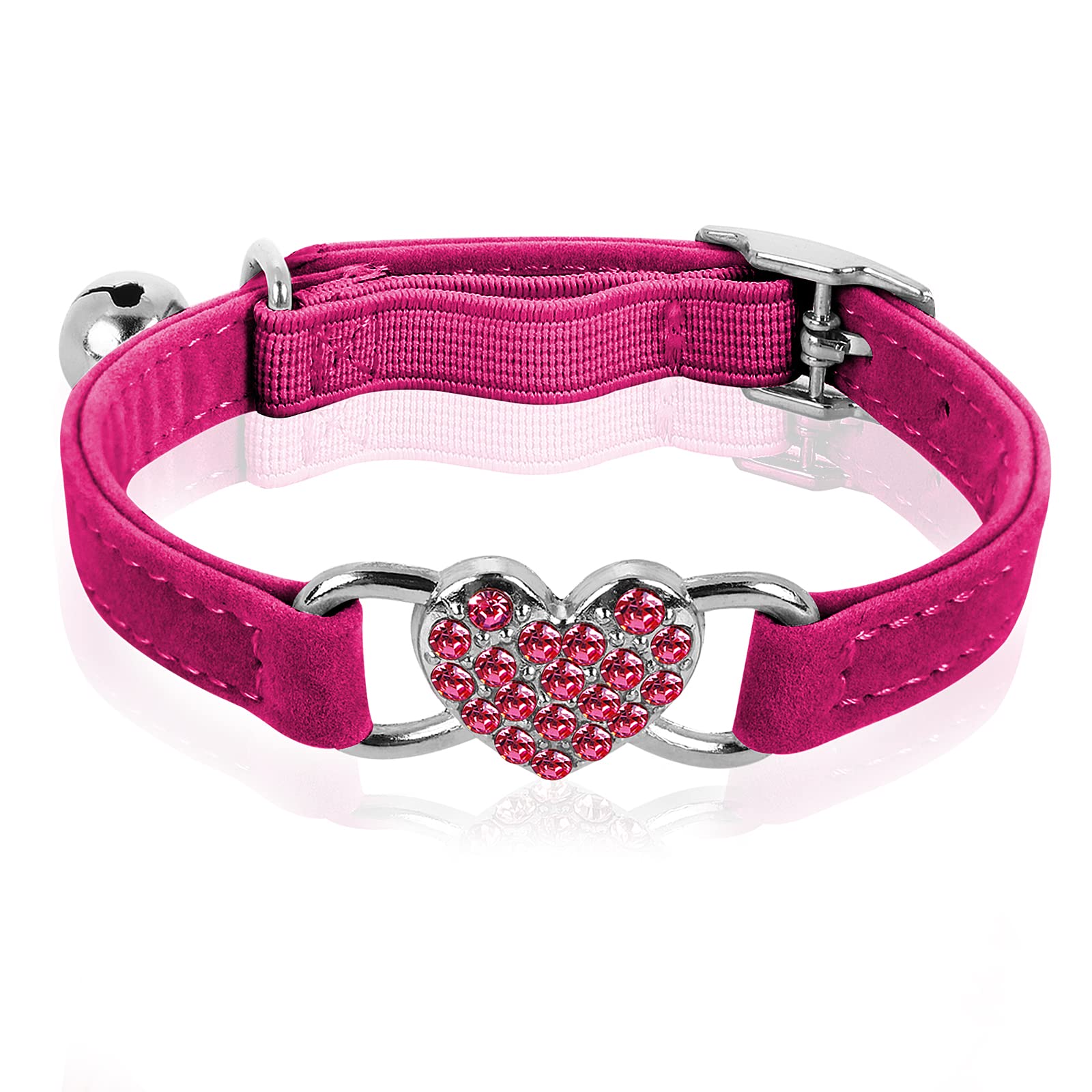 cobee Bling Heart Shaped Cat Collar with Bell Adjustable Kitten Collars with Seat Belt Diamond Pet Collar(Rose Red)
