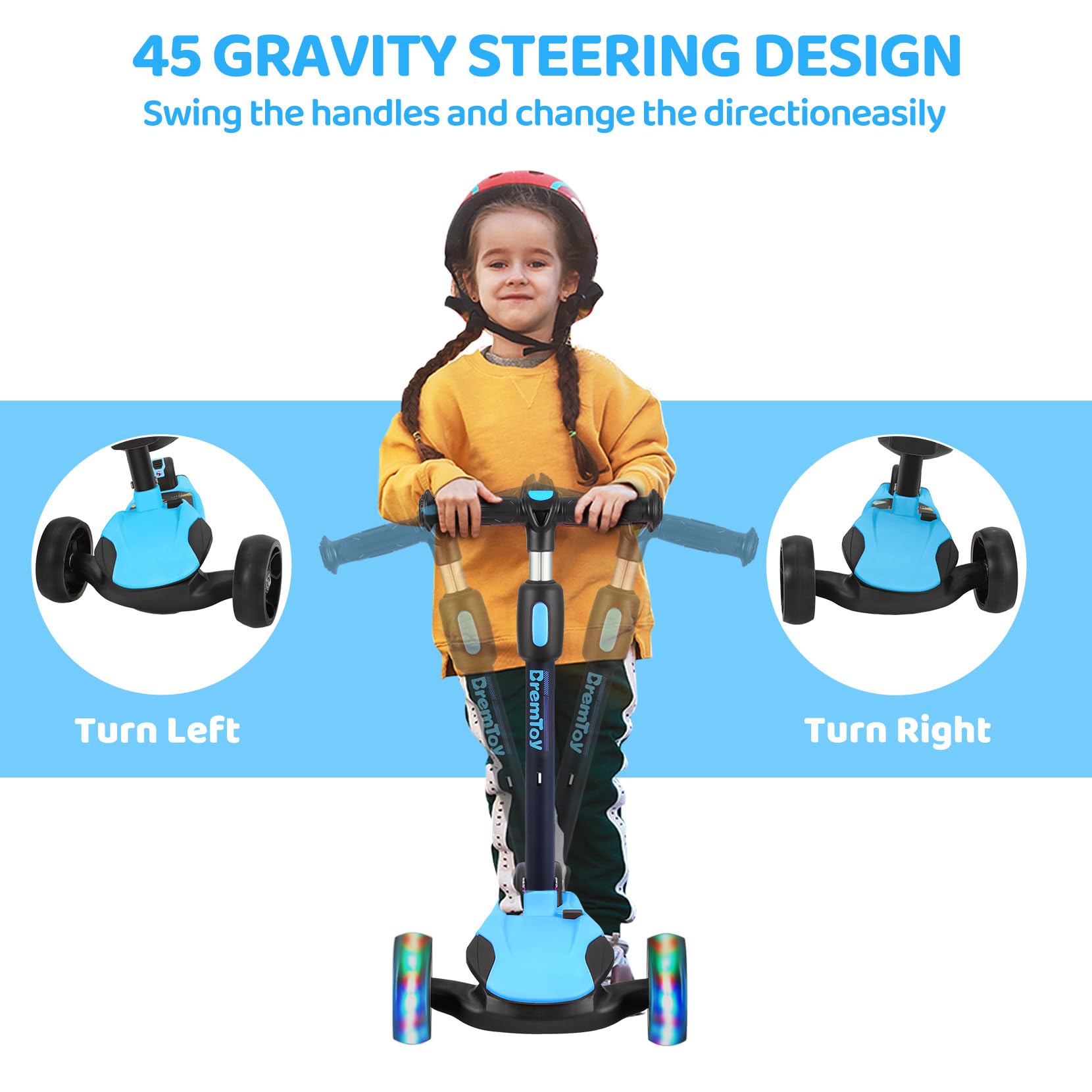BremToy Patinete para Niños de 1 a 12 Años, Ajuste de Altura Infinito, Patinete con Asiento Extraíble, 3 Ruedas Brillantes LED, Carga Máxima 50KG, Regalos para Niños