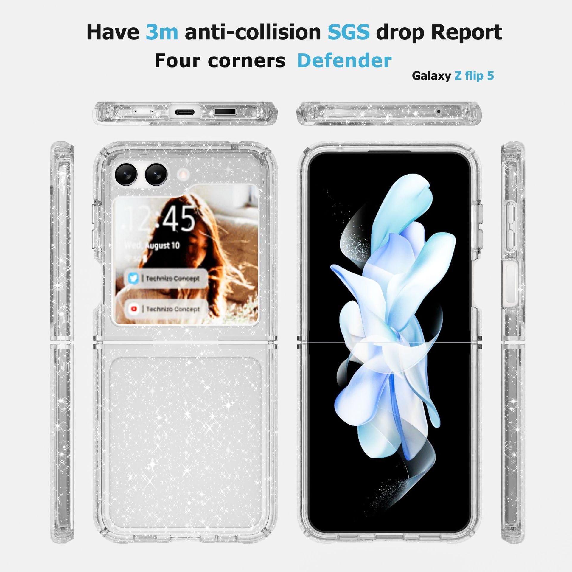 Peachy Life Samsung Galaxy Z Flip 5 Case, Shiny Sparkling Bling Glitter Style Hybird TPU+PC Protective Clear Case Compatible with Samsung Galaxy Z Flip 5 (Glitter Style)