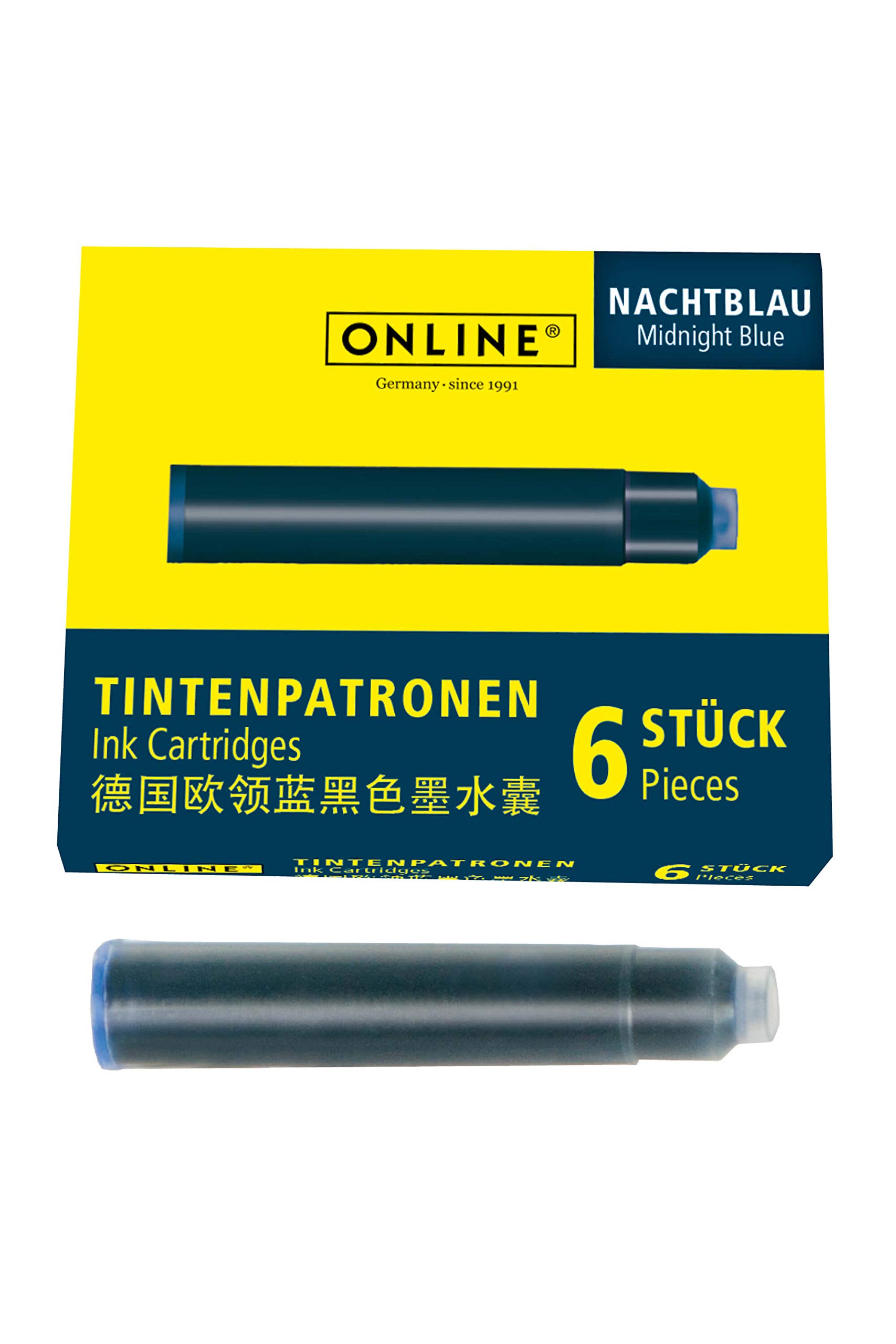 OnlineStandard Ink cartridges; Universal Fountain Pen Ink; Compatible with All Common Standard Fountain pens; 6 Pieces; Colour Midnight Blue; Frost-Resisting; Non-erasable