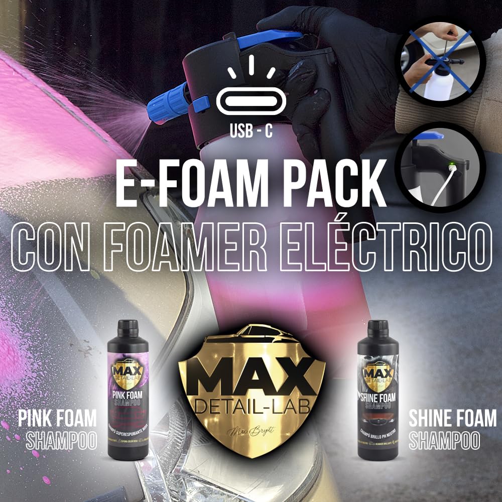 MAX DETAIL-LAB - E-Foam Pack - Kit Limpieza Coche Champú y Pulverizador a Batería Presión Foamer Eléctrico Espuma Activa, Snow Cherry Productos Lavado Exterior Detailing Profesional Auto Moto
