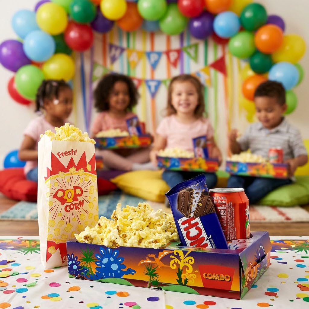 SNAPPY Kit de noche de cine, 18 unidades, bolsas de palomitas de maíz con diseño de ráfaga (12 unidades) y bandejas de aperitivos de noche de cine para niños (6 unidades) – Cajas de aperitivos de cine