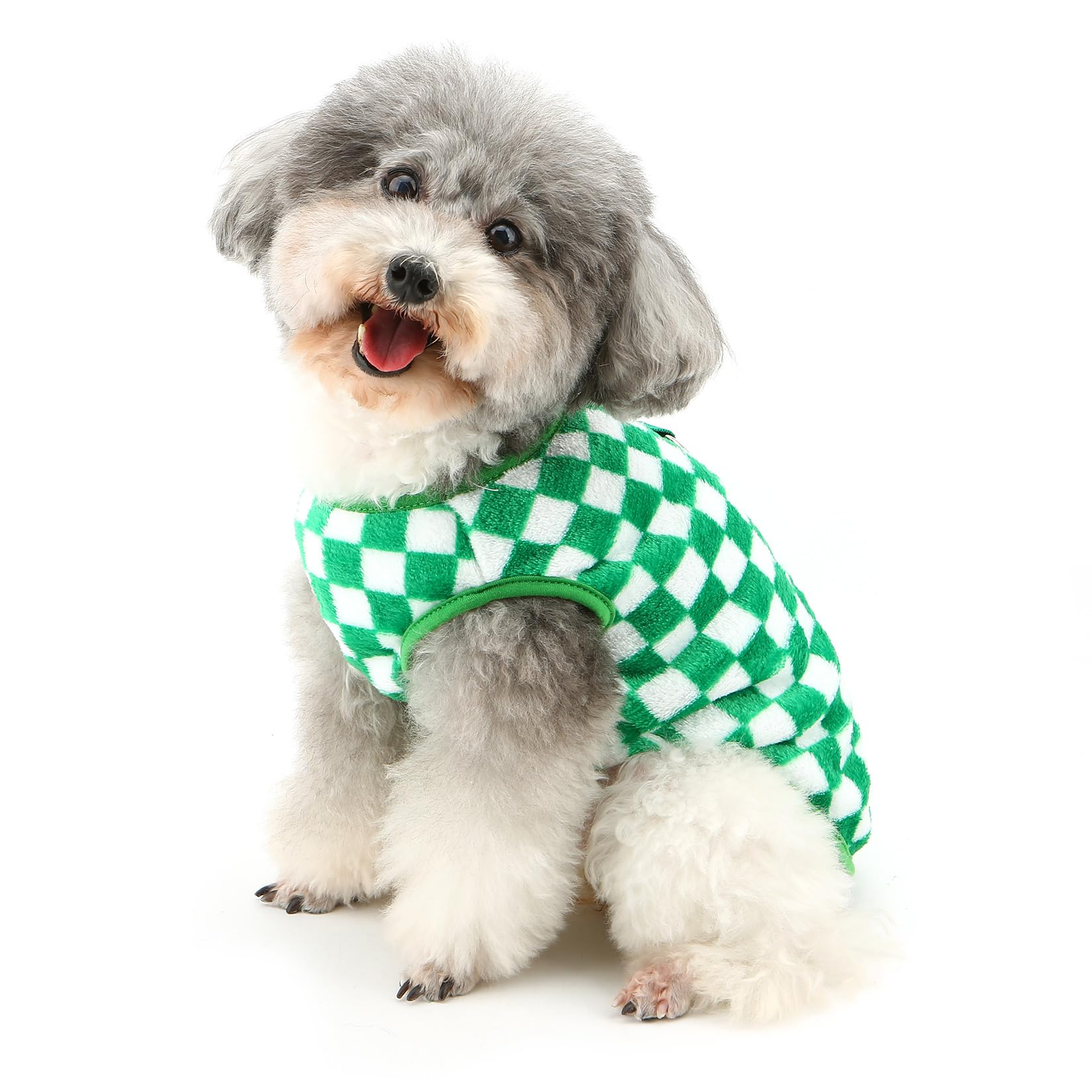 Ranphy Pet Checkered Fleece Sweatshirt for Small Dog Puppy Sleeveless Vest Pullover Jumper Yorkie Chihuahua Autumn Winter Clothes with Leash Ring Cat Clothing,Green,S - Image 2