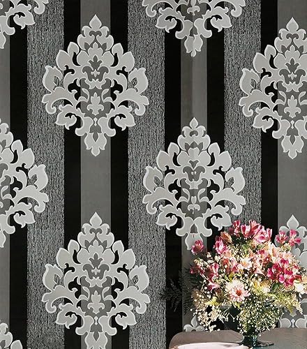 Miniatura 4 de J1260 - Papel tapiz de damasco para despegar y pegar negro/blanco, 17.7 pulgadas x 9.8 pies, papel de contacto autoadhesivo extraíble para muebles,