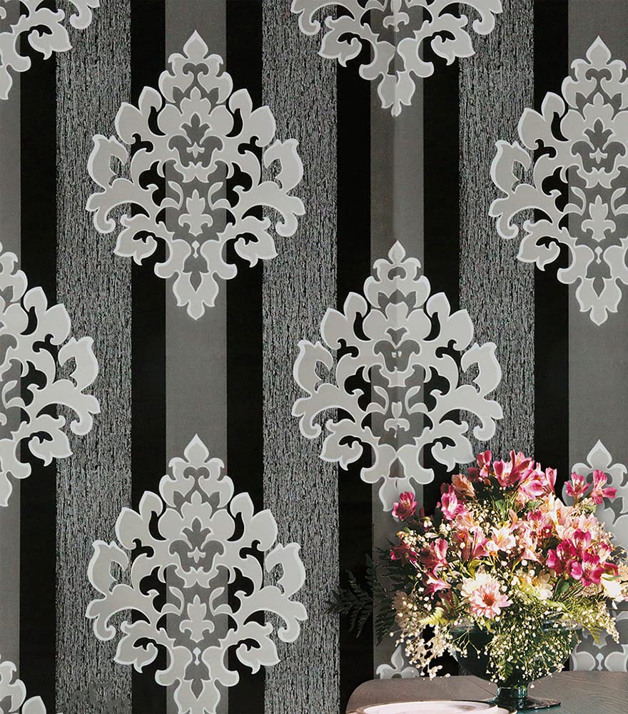 YIXIFANS J9453 Peel and Stick Damask Wallpaper 17.7" x 9.8ft Removable Contact Paper Vinyl Self-Adhesive Furniture Stickers Home Decoration（Gray/Black/White）