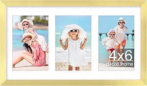 decorUhome 8x14 Picture Frames Collage Wall Decor, Display 3Pcs 4x6 Photos with Mat or 1Pcs 8x14 Unmatted, 3 4x6 Collage Picture Frames for Wall Mounting, Gold