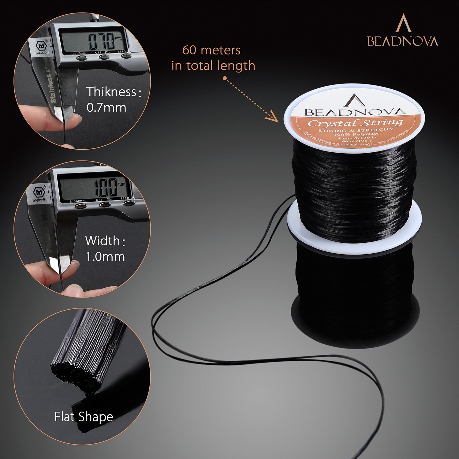 BEADNOVA 1mm Elastic Stretch Polyester Jewelry Bracelet Crystal String Cord 60m Roll (Black) 1