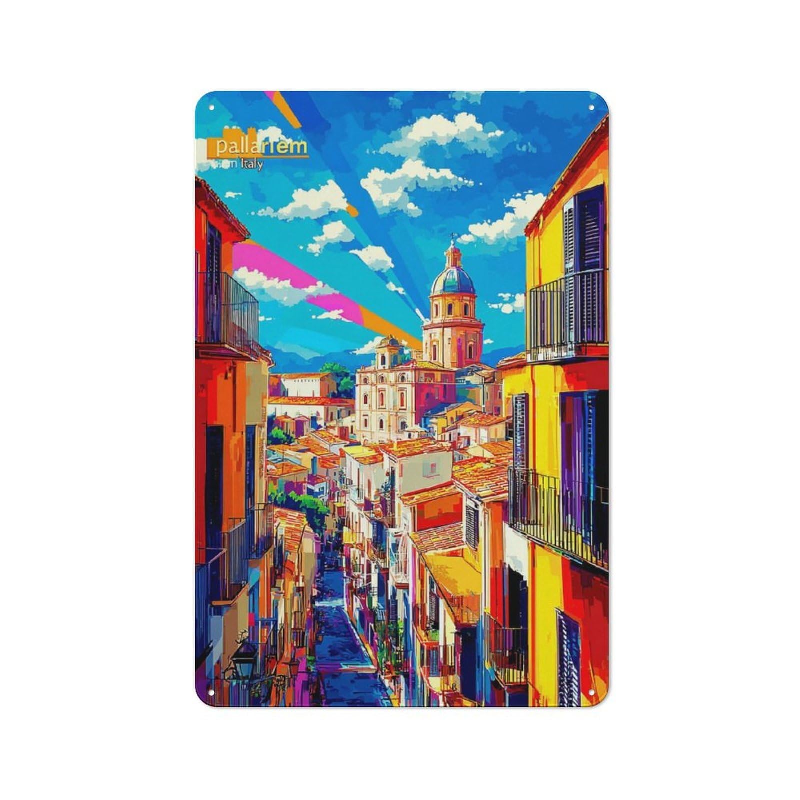 Colorful Italian Village Street Scene Classic Metal Wall Decor 30x20cm, Decorative Tin Plaque for Cafe, Pub, Workshop Or Home Bar
