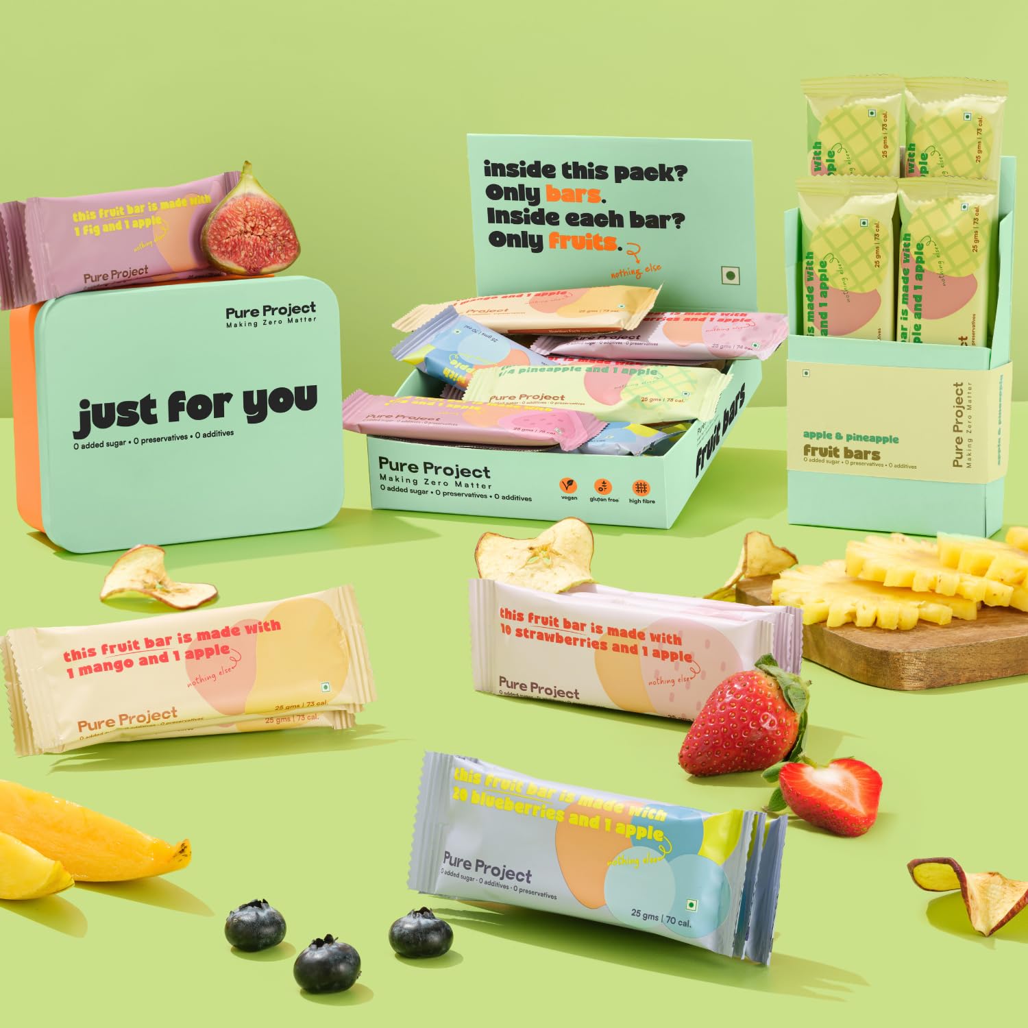 Pure Project Variety Pack : Mango, Pineapple, Strawberry and Fig - all combined with Apple - Zero Added Sugar, Zero Preservatives, Just Fruit | 25 g x 8 Bars (Pack of 8)