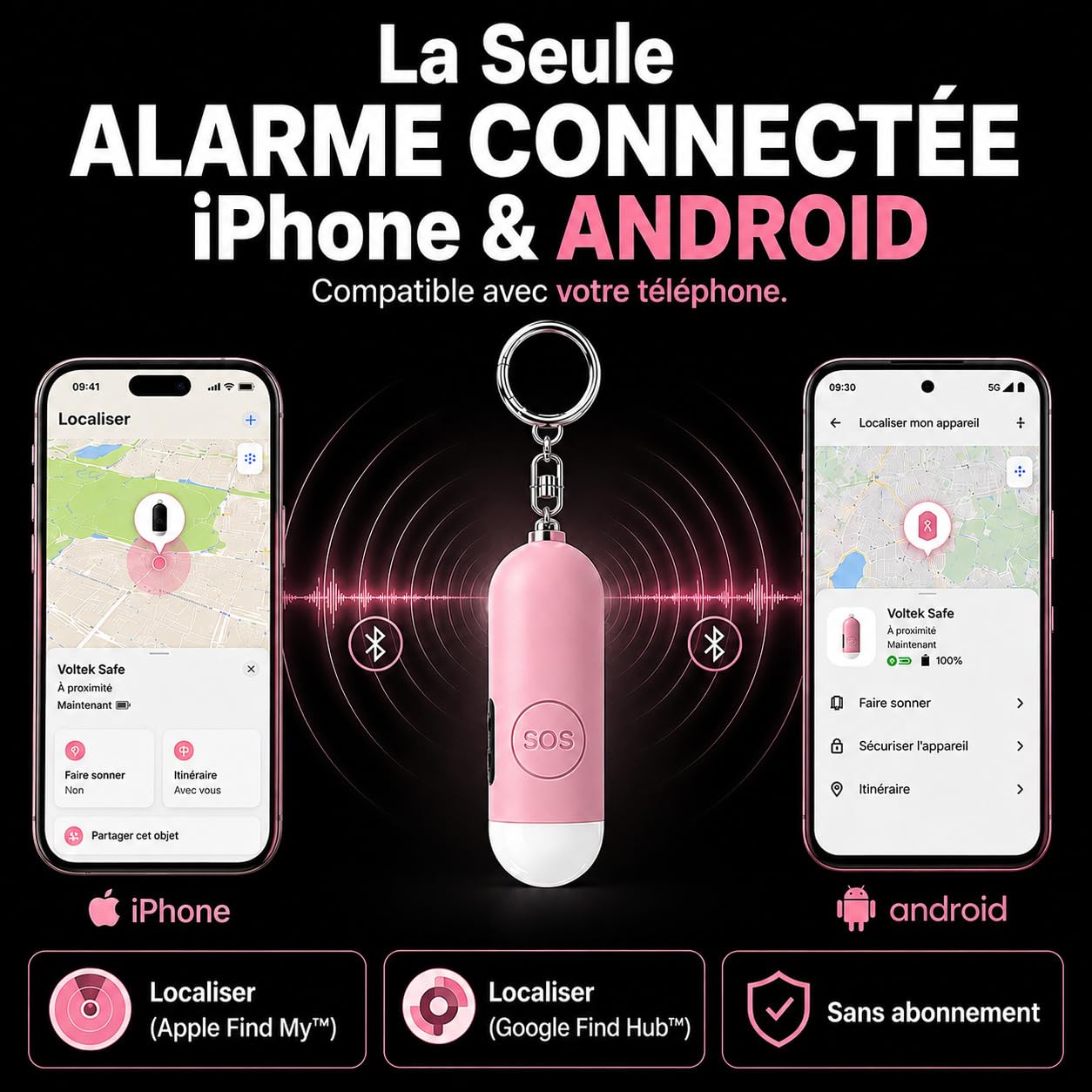 VOLTEK Safe Alarme Personnelle Anti Agression 130 DB Tracker Bluetooth, Compatible Apple FindMy iOS & Android, Alarme de Poche Self Defense, Porte-clés Sécurité, Flash LED, Bouton SOS, USB-C