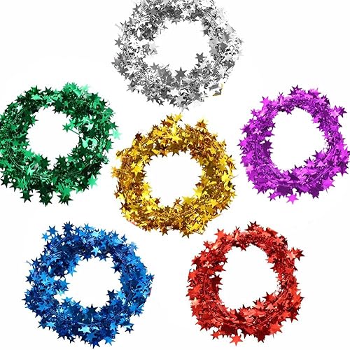 Leadigol 6 rollos de guirnaldas brillantes de oropel con alambre, guirnalda metálica de Navidad, guirnalda de alambre de estrella de Navidad para