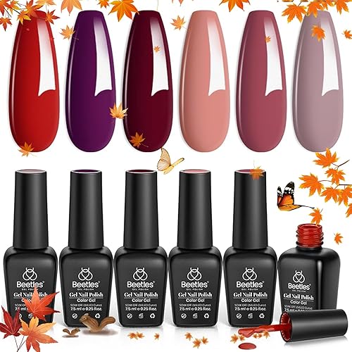 Miniatura 9 de Beetles - Juego de 6 esmaltes de uñas de gel para otoñoinvierno en colores morado, marrón, rojo, purpurina, kit de manicura semipermanente para