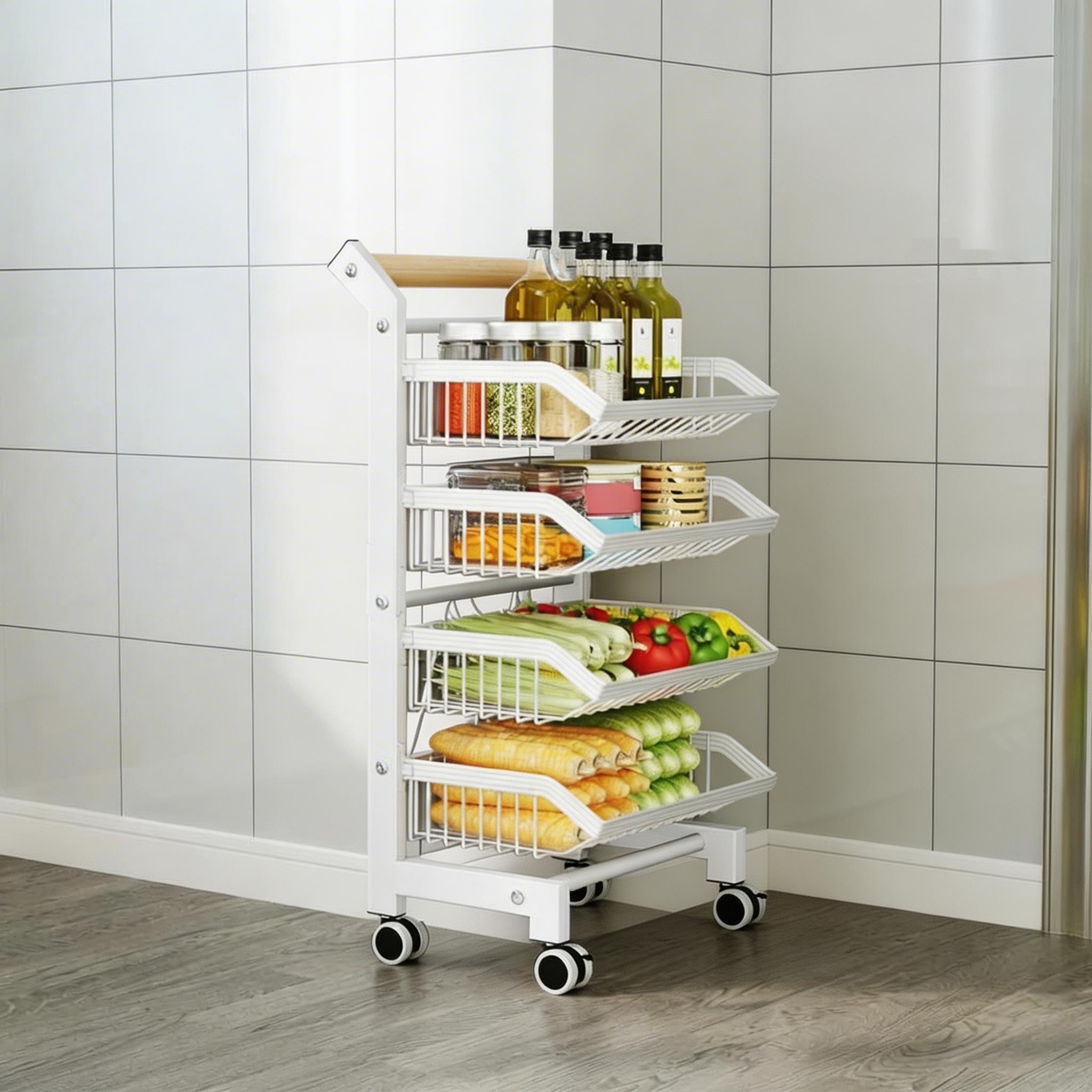 GarveeHome Carro de Almacenamiento de Cocina – Estante de Metal Resistente con Ruedas bloqueables y Estante de Madera – Ahorra Espacio, 4 Niveles – Color Blanco ZWJ-6823-4WH 4 Capas