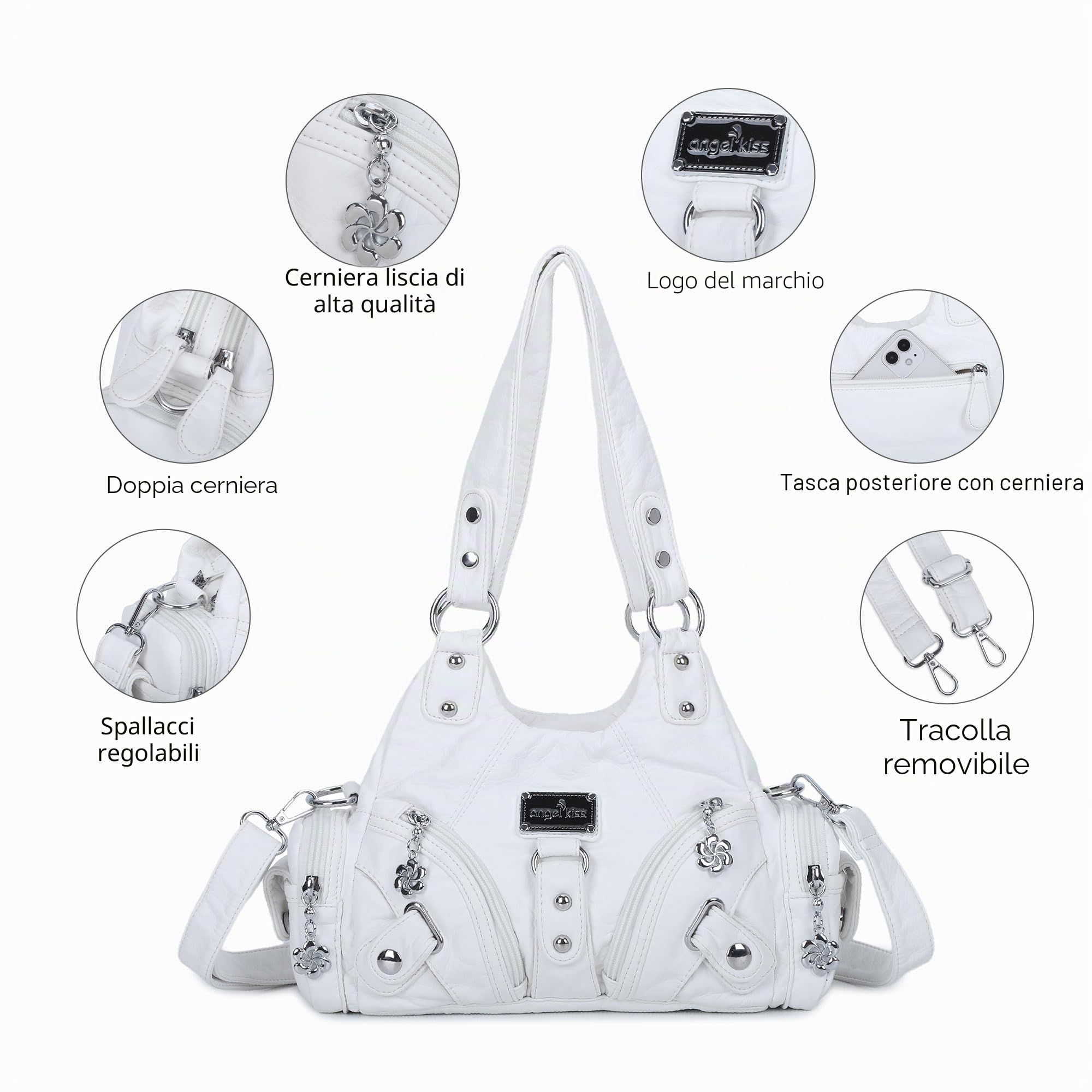 Angel Kiss Borsa a tracolla da donna, piccola borsa a tracolla Hobo in pelle vegana con tasche multiple e chiusura lampo