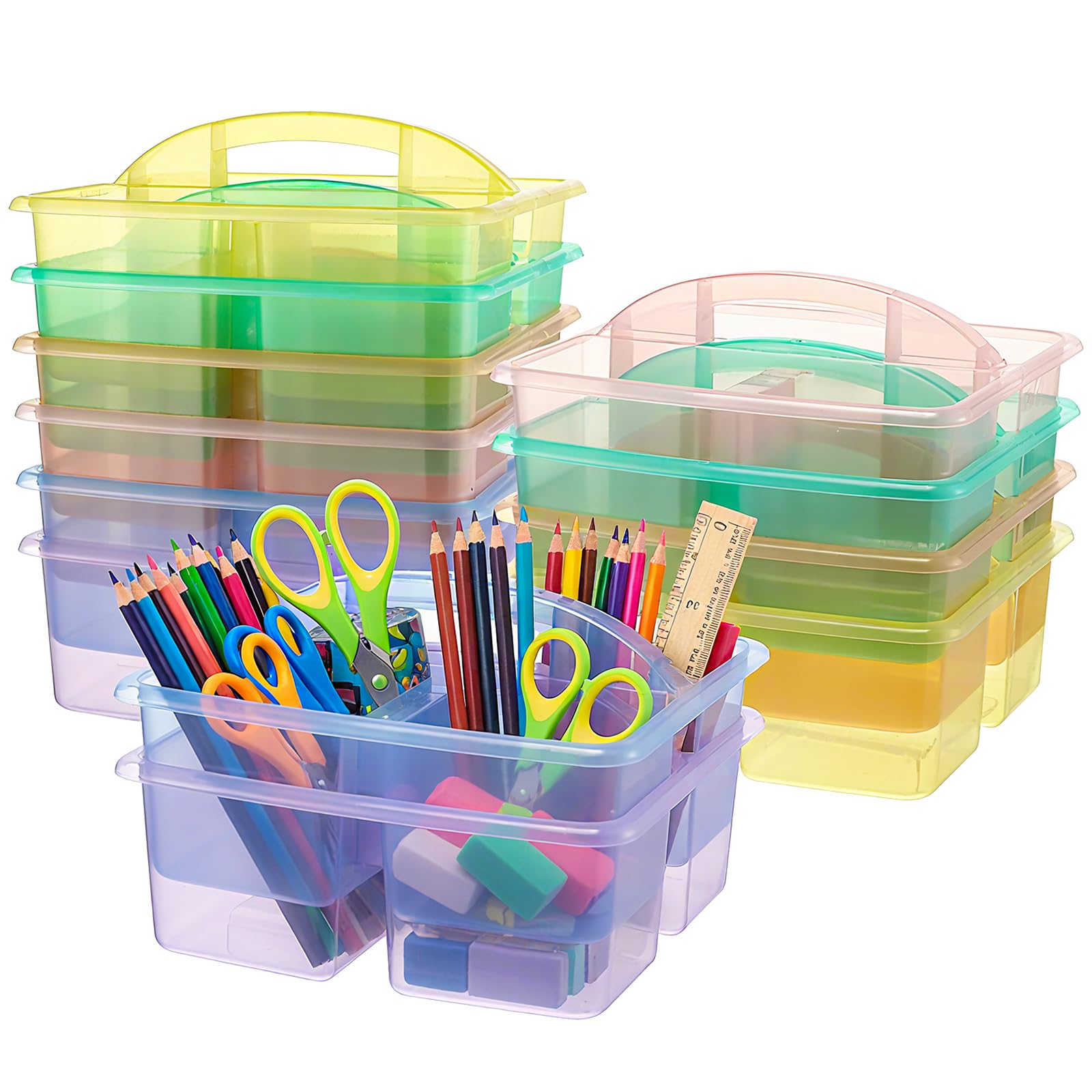 Threehoney Confezione da 12 cestini portaoggetti con manico, 3 scomparti, in plastica, per arte, ufficio, artigianato, matite, pastelli, pennarelli, forniture scolastiche (trasparente)