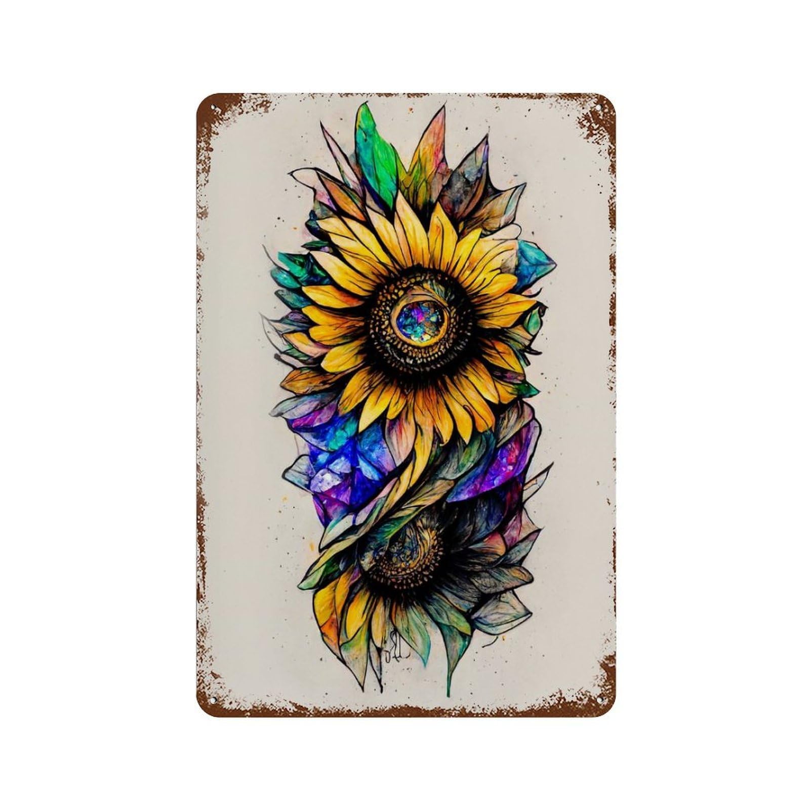 Rust Effect Hand Drawn Sunflower Art Vintage Rust Metal Sign 11.8"x7.9", Farmhouse Wall Decor for Basement, Hobby Room And Garage Decor