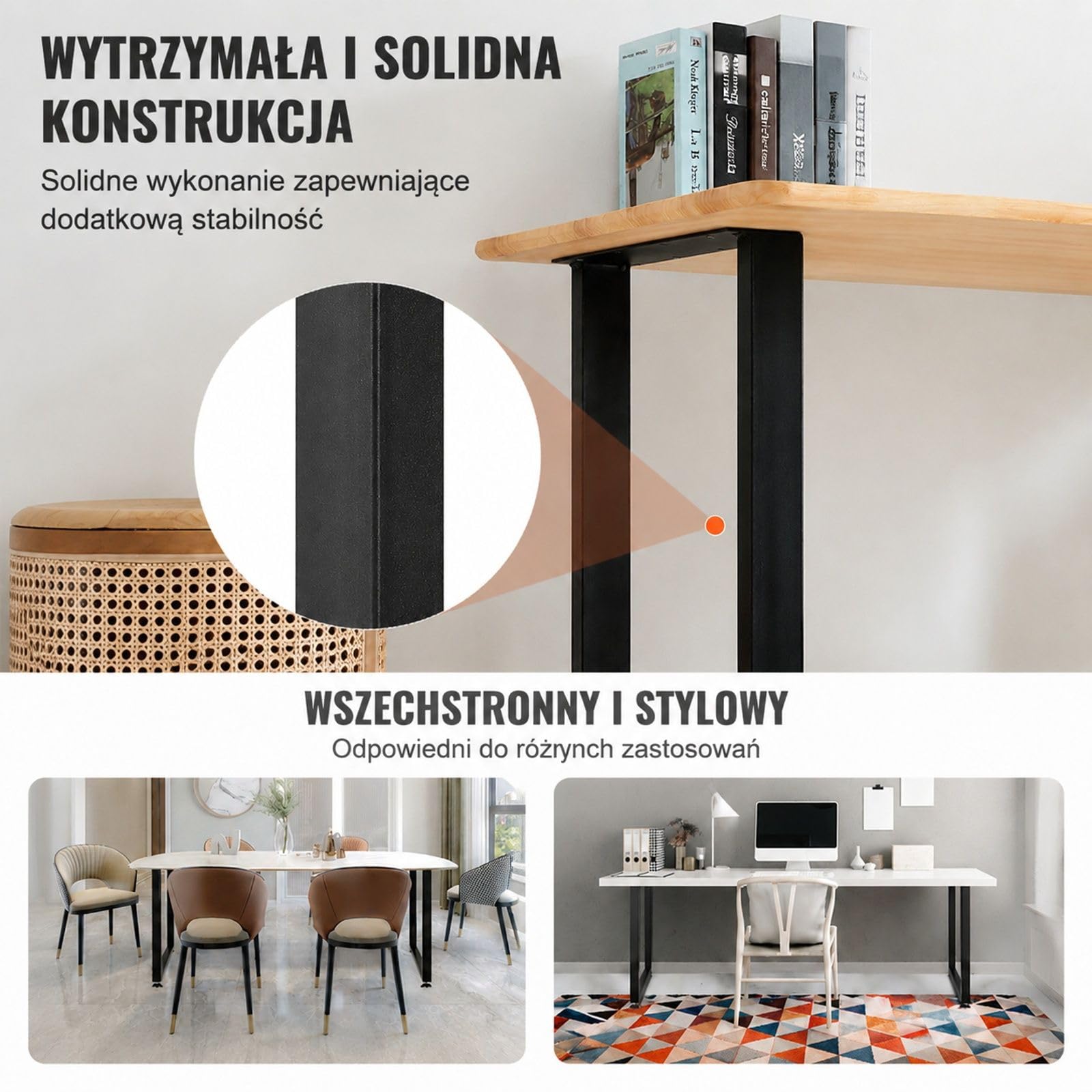 Zestaw 2 czarnych prostokątnych nóg stołowych ze stali węglowej z płytami montażowymi i regulowanymi stopkami do stołów kuchennych, konsolowych i studyjnych