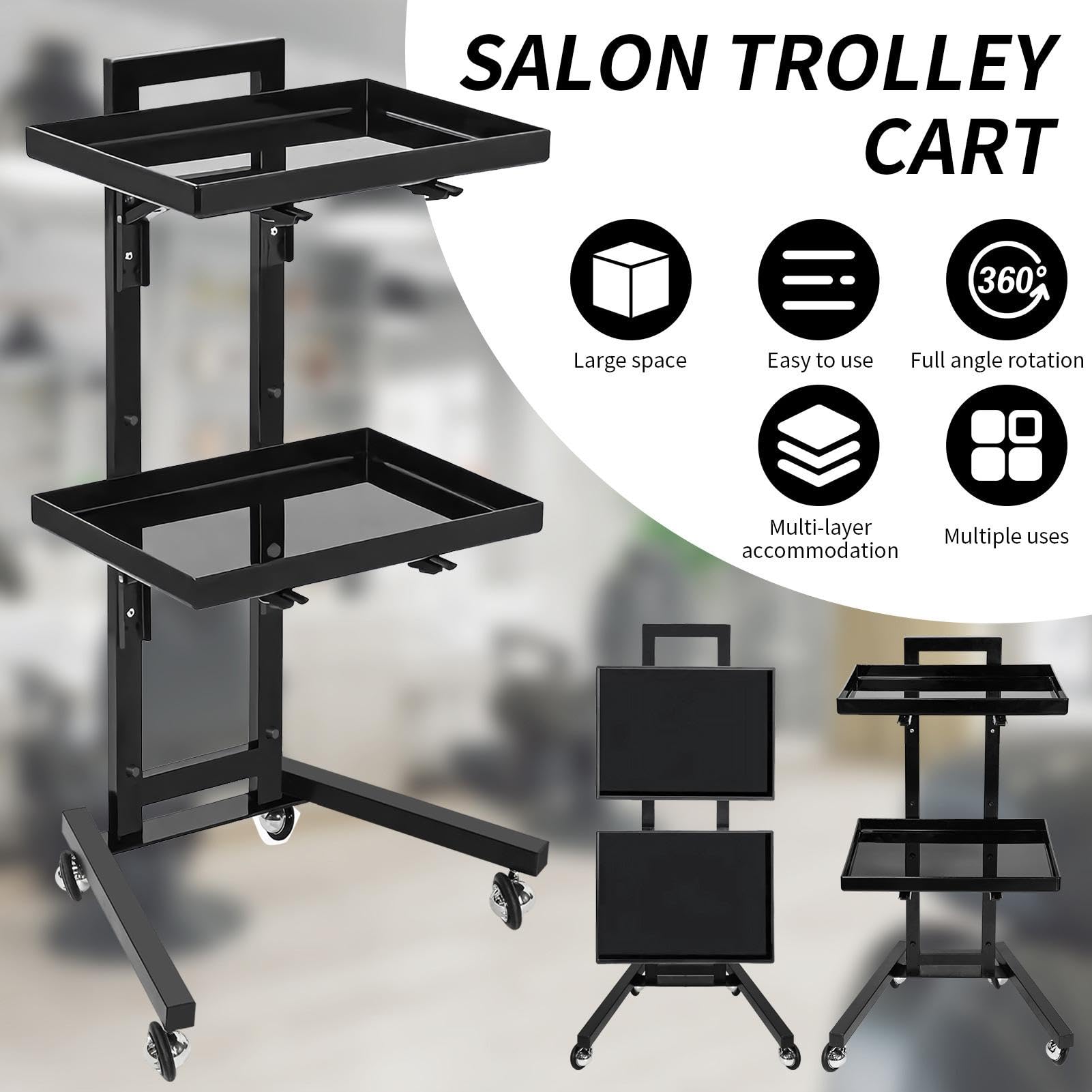Carrello per salone di bellezza, vassoio portatile per strumenti di bellezza, carrello portaoggetti per parrucchieri, multifunzione a 2 ripiani, vassoio mobile con ruote per barbieri, saloni e spa | Carrello Con Ruote Per Parrucchiere Per Gioielli Cosmeti