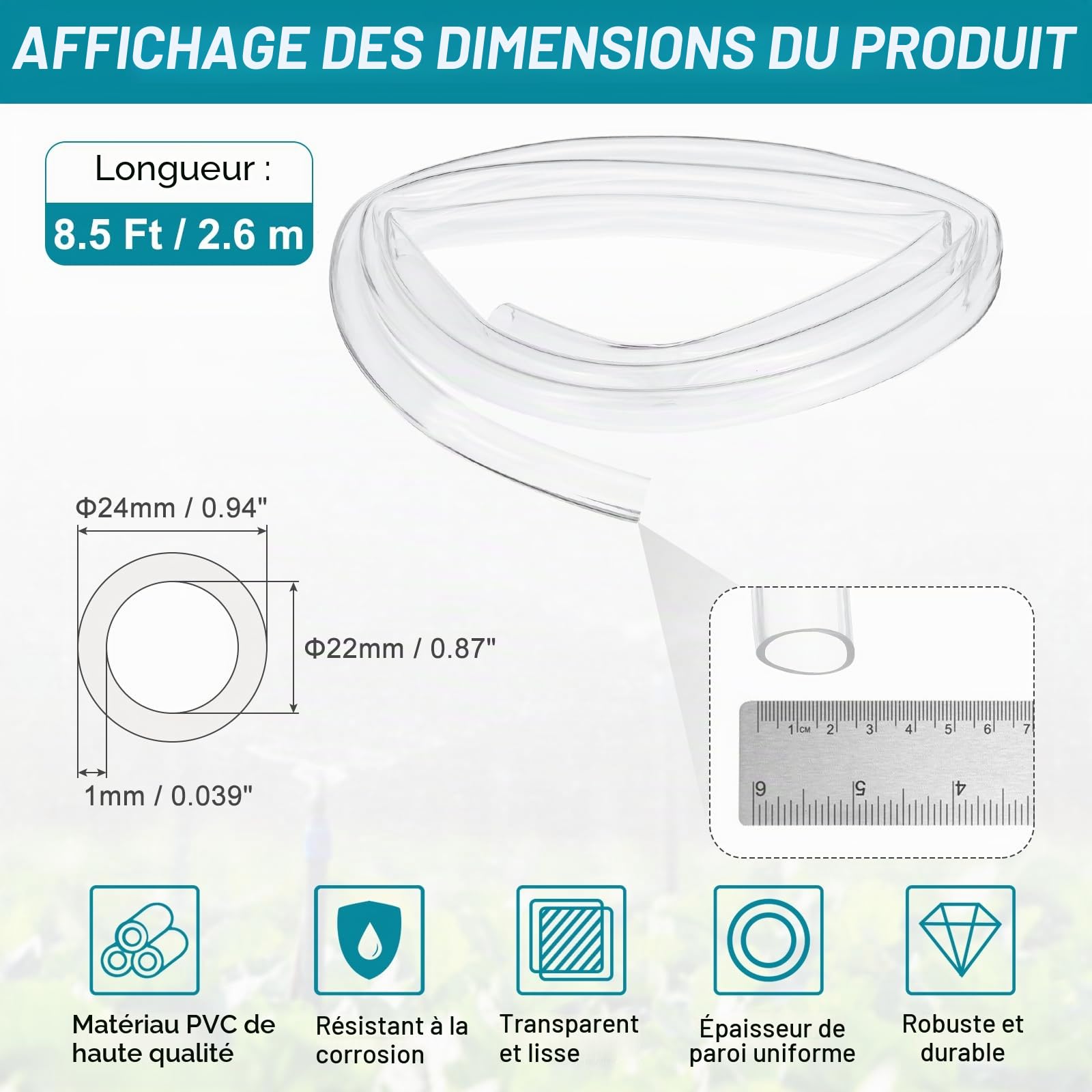 QUARKZMAN Tuyau En PVC Transparent 22mm De Diamètre Intérieur x 24mm De Diamètre Extérieur Léger De 8 5 Pieds En Vinyle Flexible Pour Transfert D Air D Huile D Eau D