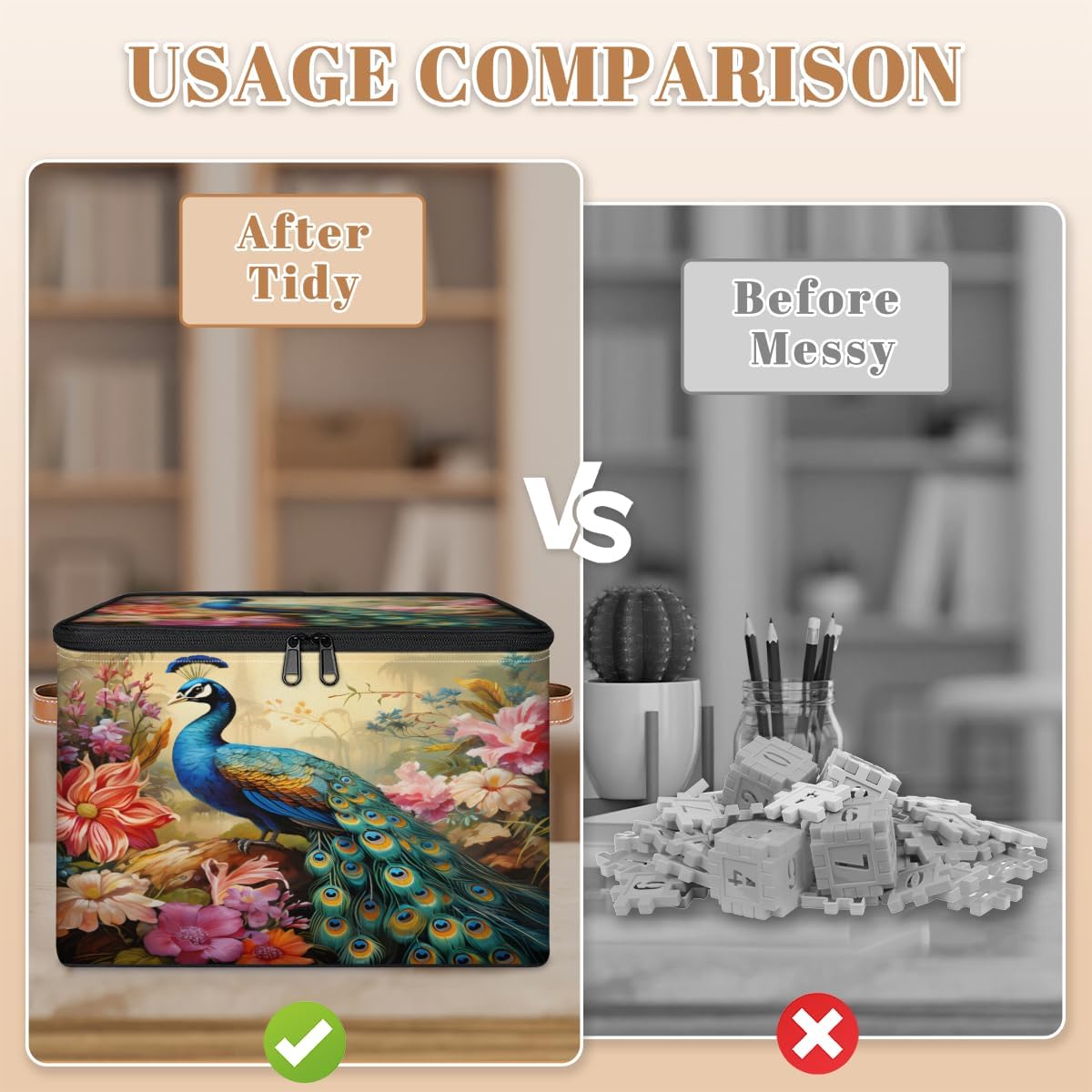 Storage Bin Set of 2 Flower Peacock Storage Basket with Zipper Lid & Handle Foldable Closet Shelf 2 Pack Cloth Organizer Basket Cube Bins Clothes Organizer for Bedroom, Nursery