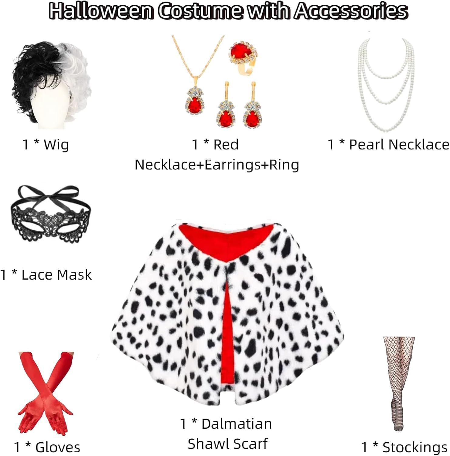 Minggo 10pcs Halloween Costume for Women 2025 Dalmatian Shawl Dress Up Cosplay Black White Coat with Wig Accessories for Adult - Image 2