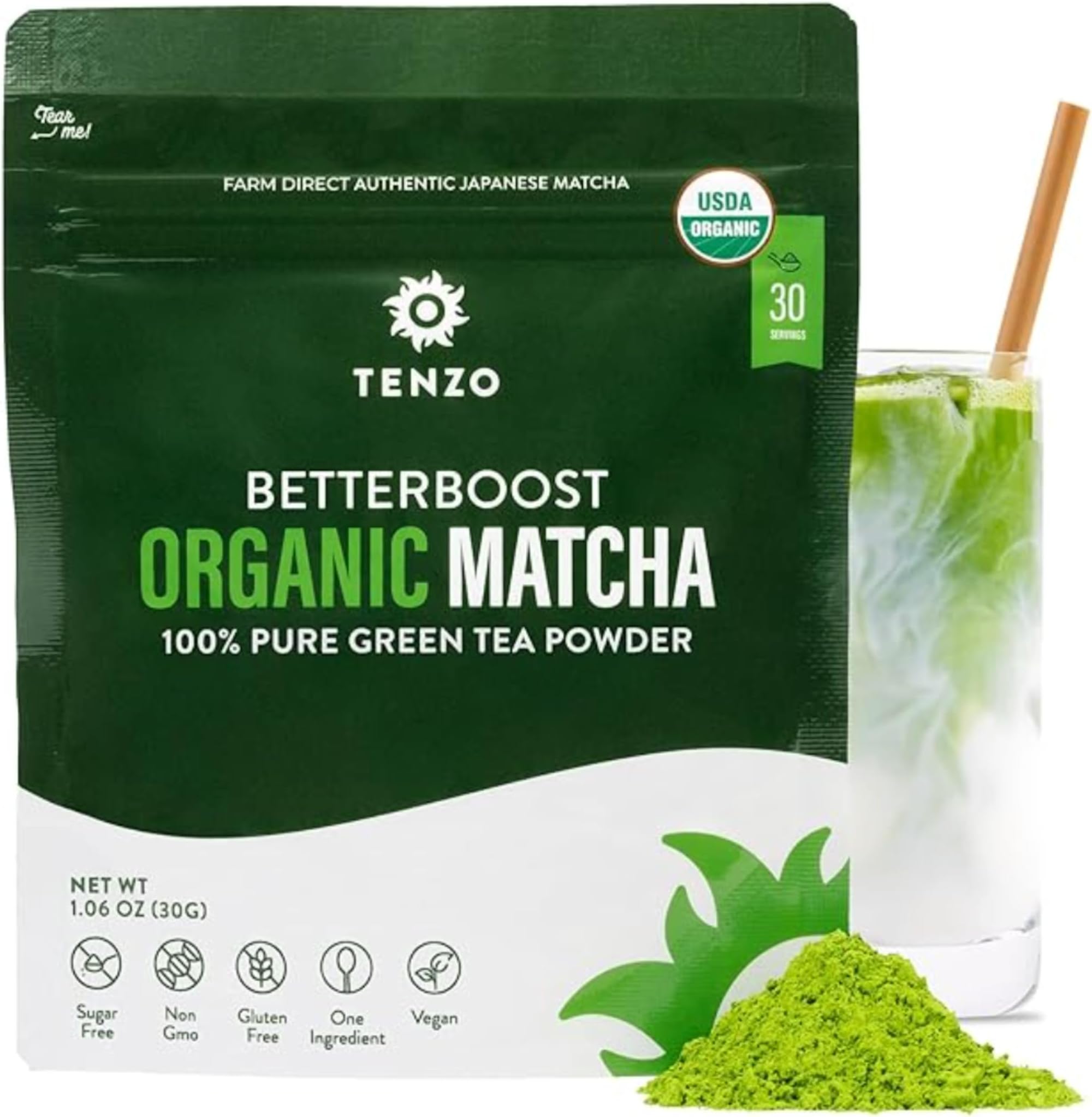 Tenzo Matcha Green Tea Powder - USDA Organic Premium Grade - Authentic Japanese Matcha Tea - Latte Powder - BetterBoost (1.06 Ounce)