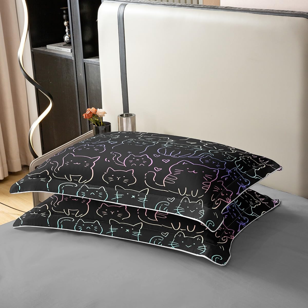 Erosebridal Cat 100% Cotton Bedding Set Twin Size Lovely Cartoon Duvet Cover for Kids Boys Girls Heart Stick Figure Rainbow Black Green Pink Comforter Cover Soft Comfy Bedclothes