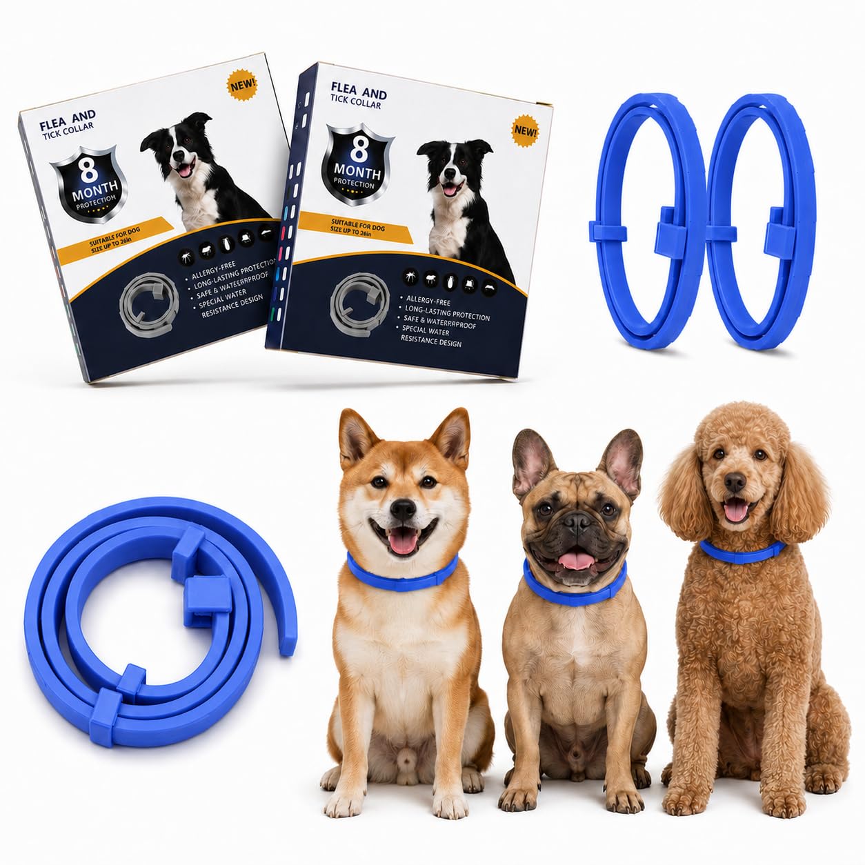 Adjustable Collar for Dogs, Blue 63 cm Sliding Loop Design, 2-Pack | Slim flexible construction, matching closure sections, for home wear and ordinary walks, with a second piece as a spare