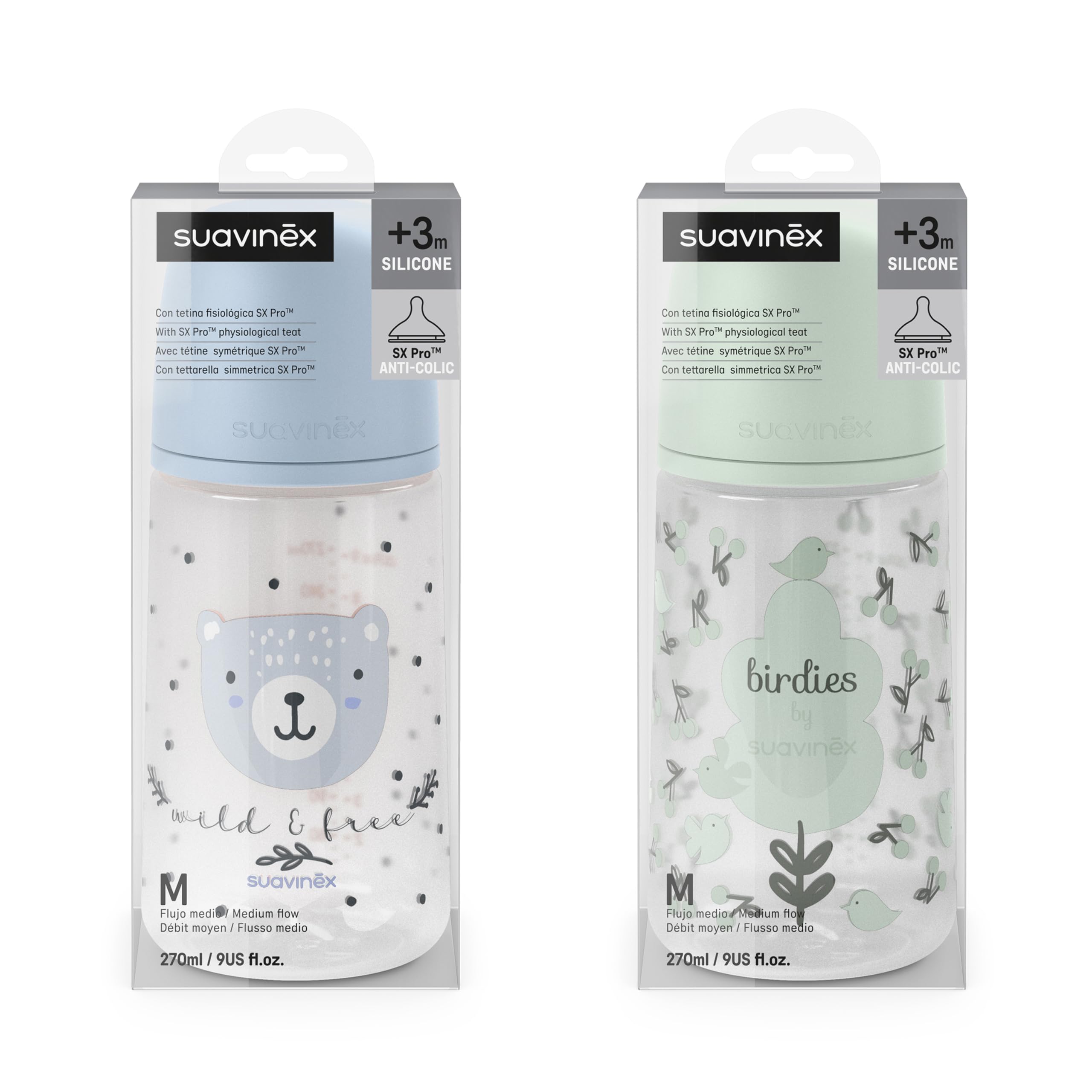 Suavinex, Confezione 2 Biberon da 270 ml, Tettarella Simmetrica SX Pro in Silicone con Valvola Anticolica, Flusso Medio, Liquido Densità Media, Latte, Succhi, Acqua. ​+3 Mesi.Birdies, Wild&Free, Blu