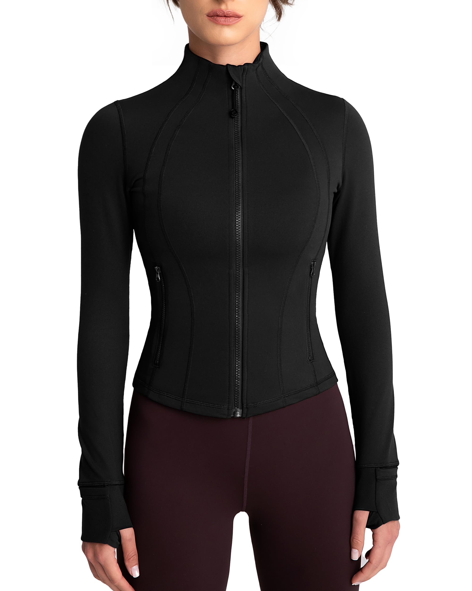QUEENIEKEWomen's Slim Fit Running Jackets - Long Sleeves Athletic Workout Gym Tops with Back Mesh Vent & Thumb Holes