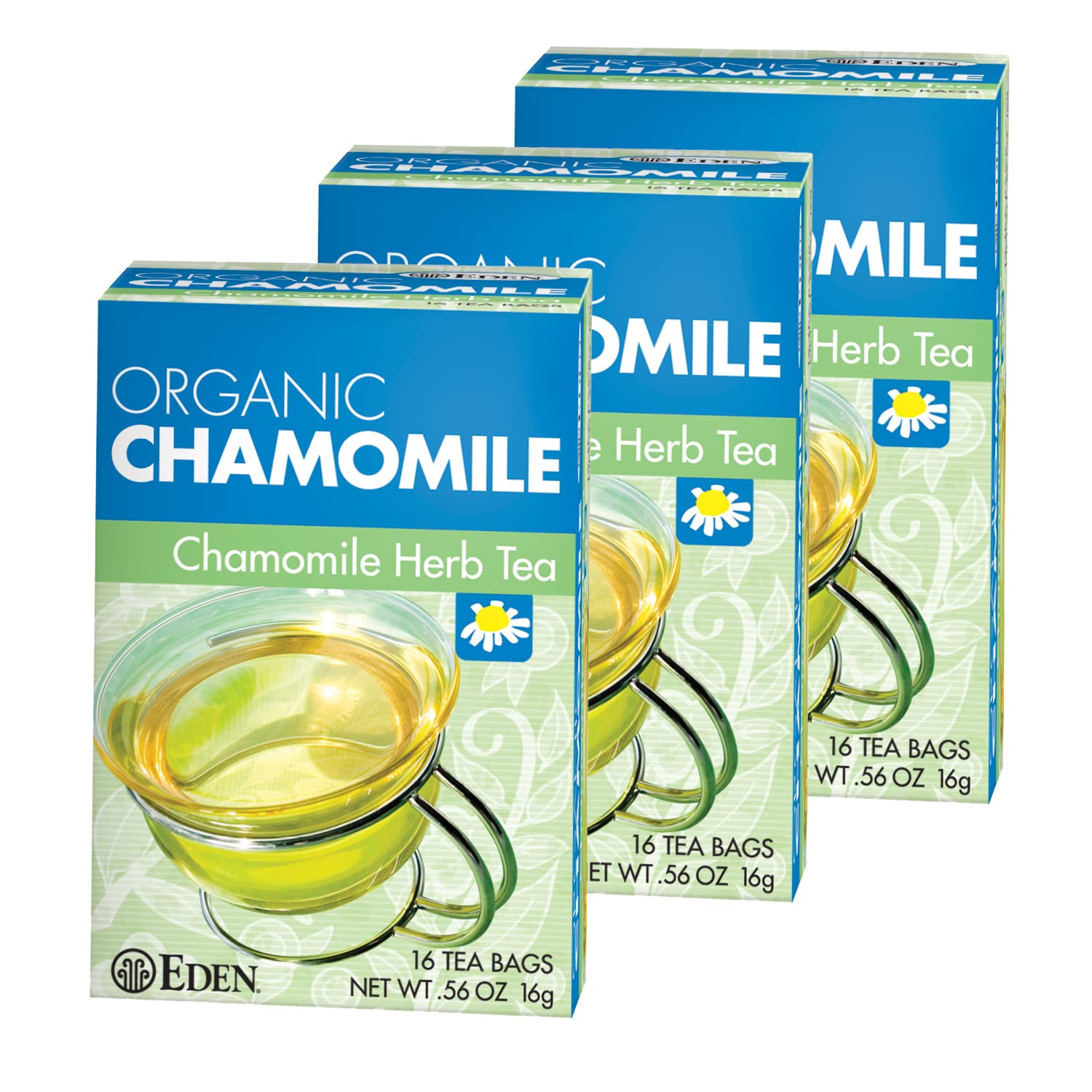 Eden Organic Chamomile Tea, Hand Harvested in Egypt, Sweet Floral Notes, Calming, 16 Unbleached Manila Tea Bags/Box (3-Pack Bulk)