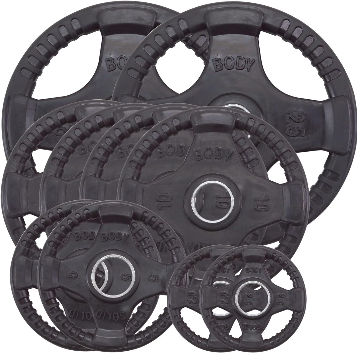 Body-Solid Placa de goma con diseño de agarre cuádruple, placas de peso olímpicas, juego con revestimiento de goma, mancuernas y pesas de
