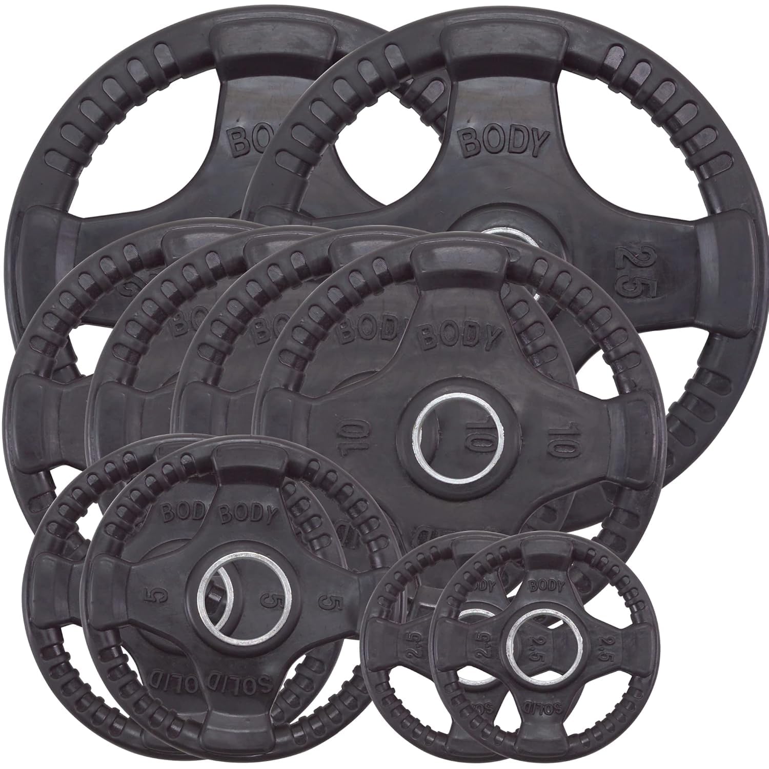 Body-Solid Quad Grip Design Rubber Plate - Olympic Weight Plates, Set with Rubber Coating, Dumbbell & Bumper Weights for Barbell (105 lbs.)