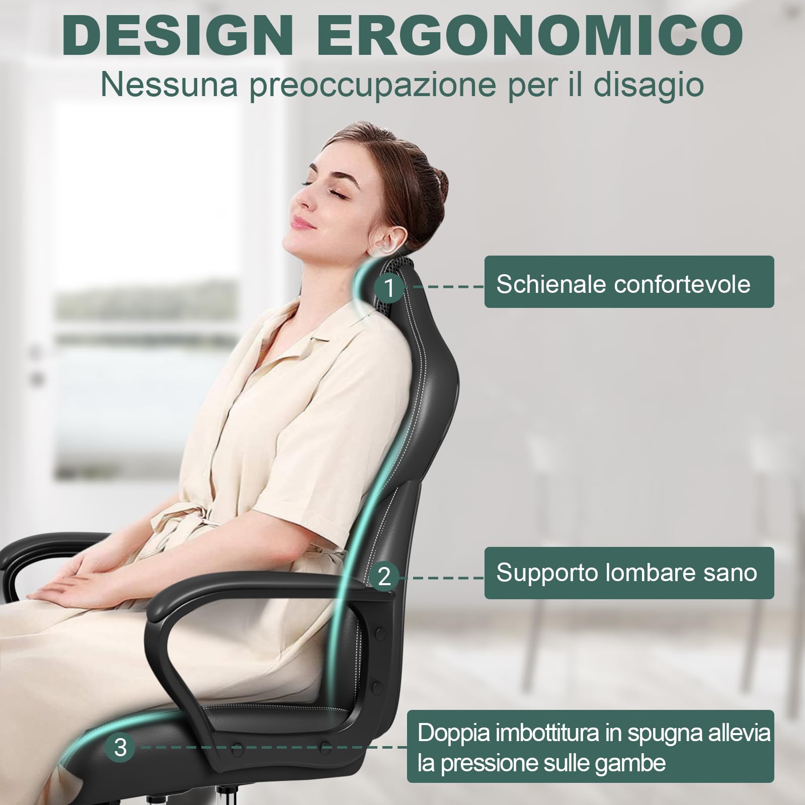 BASETBL Sedia Ufficio Ergonomica Sedia da Ufficio Direzionale in Pelle Altezza Regolabile Sedia Gaming Sedia da Scrivania a Rotelle Girevole Reclinabile Schienale Alto Supporto Lombare Grigio