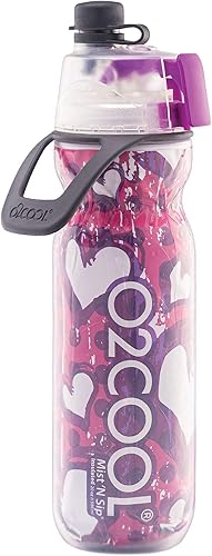 O2COOL Mist 'N Sip botella de agua con vaporizador 2 en 1 con función de rociar y beber sin fugas con tapa de extracción (corazones)
