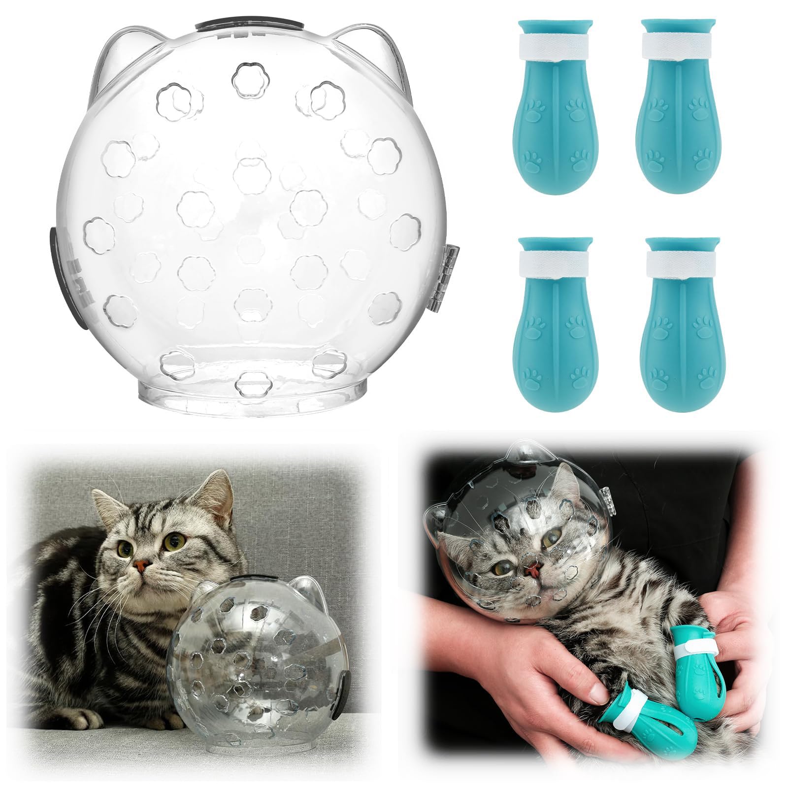 Azonee Cat Muzzle, Cat Helmet for Grooming, Breathable Cat Ball Hood with 4 Silicone Paw Shoes, Adjustable Cat Mouth Cover, Anti Bite for Cats Bathing Shaving Nail Trimming (Small)