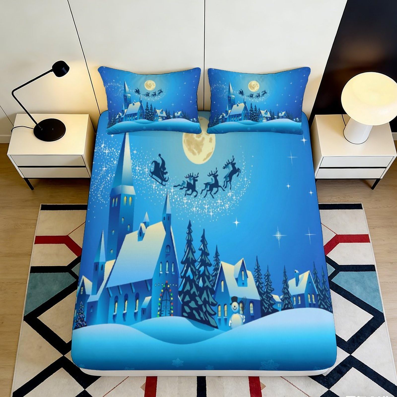 3D Printed Winter Village Fitted Sheet Microfiber Soft Breathable Santa Sky Bed Cover for Bedroom Guestroom Decor 90x200x25cm