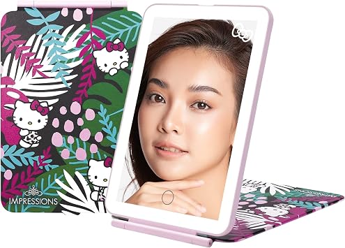 Impressions Vanity Hello Kitty Touch Pad Mini Tri-Tone Makeup Mirror with Animal Print Flip Cover and LED Strip, Travel Vanity Mirror with Touch Sensor Switch and USB Extension Animal Pink