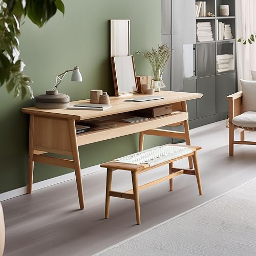 Miniatura 8 de 80 cm Banco de comedor tejido de playa con marco de banco de madera de roble macizo 100%, banco de cama y zapatero de diseño de cuerda tejida a mano