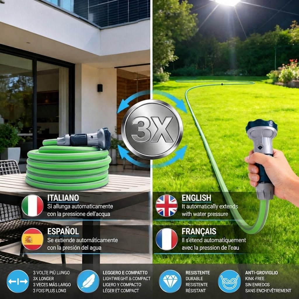 Idroeasy, manguera de jardín extensible de 30 metros, 5/8" de diámetro, manguera de riego extensible de 3 vías, resistente a nudos y torsiones, no tóxica, ligera, ahorra espacio, Made In Italy