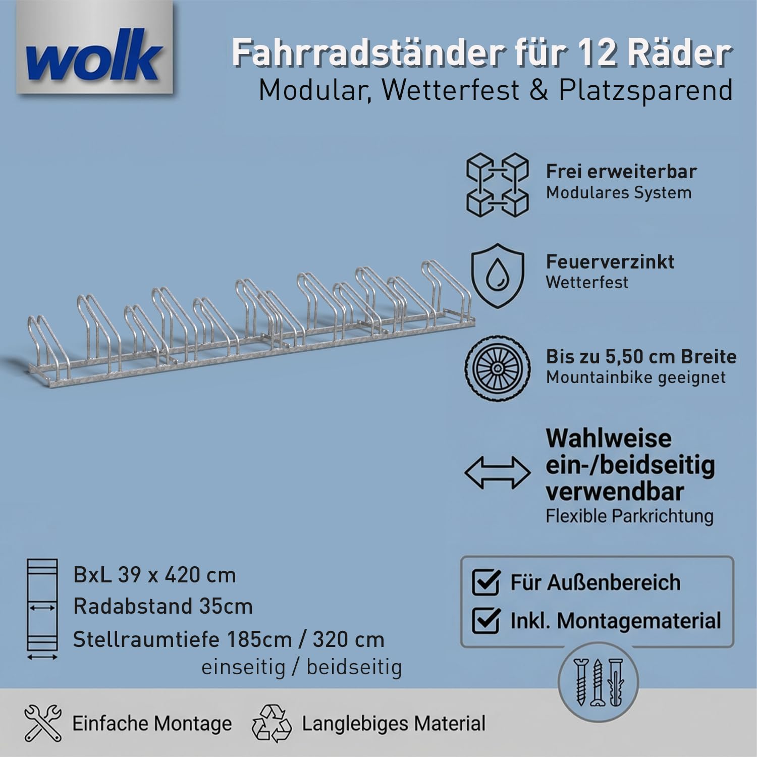 wolk Fahrradständer Boden für 12 Fahrräder, Bügelparker aus Stahl | Modularer Fahrradständer für Mountainbike und E-Bike. Wetterfest, platzsparend und ideal für Garage, Hof und Außenbereich.