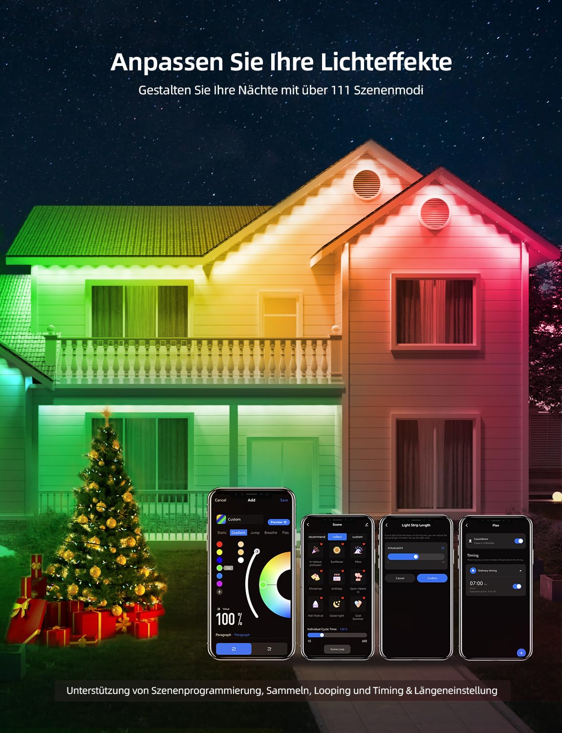 APPECK Permanente Außenbeleuchtung 30m mit 72 LEDs, Lichterkette Außen Haus | Smarte, Farbwechsel, IP65 Wasserdicht, RGBW, 111 Szenenmodi, für Tägliche Feiertag Dekoration, Kompatibel mit Alexa, Schwarz