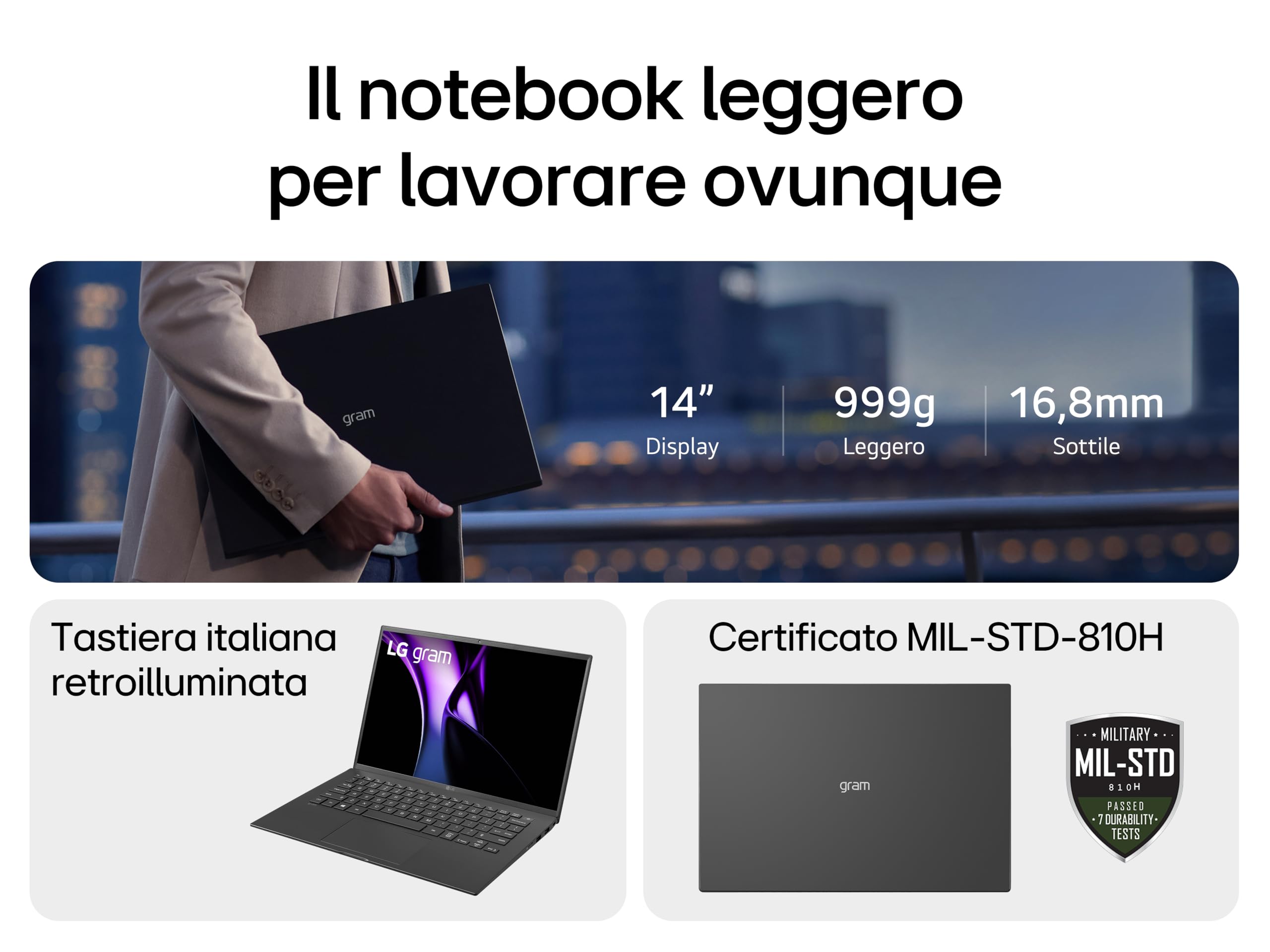 LG gram 14Z90RU, Notebook 14" 1920 x 1200, Intel Core i5-1334U, 16GB RAM, 1TB SSD, Ultraleggero solo 999g, Batteria 72Wh, Windows 11 Home, Tastiera italiana, Nero