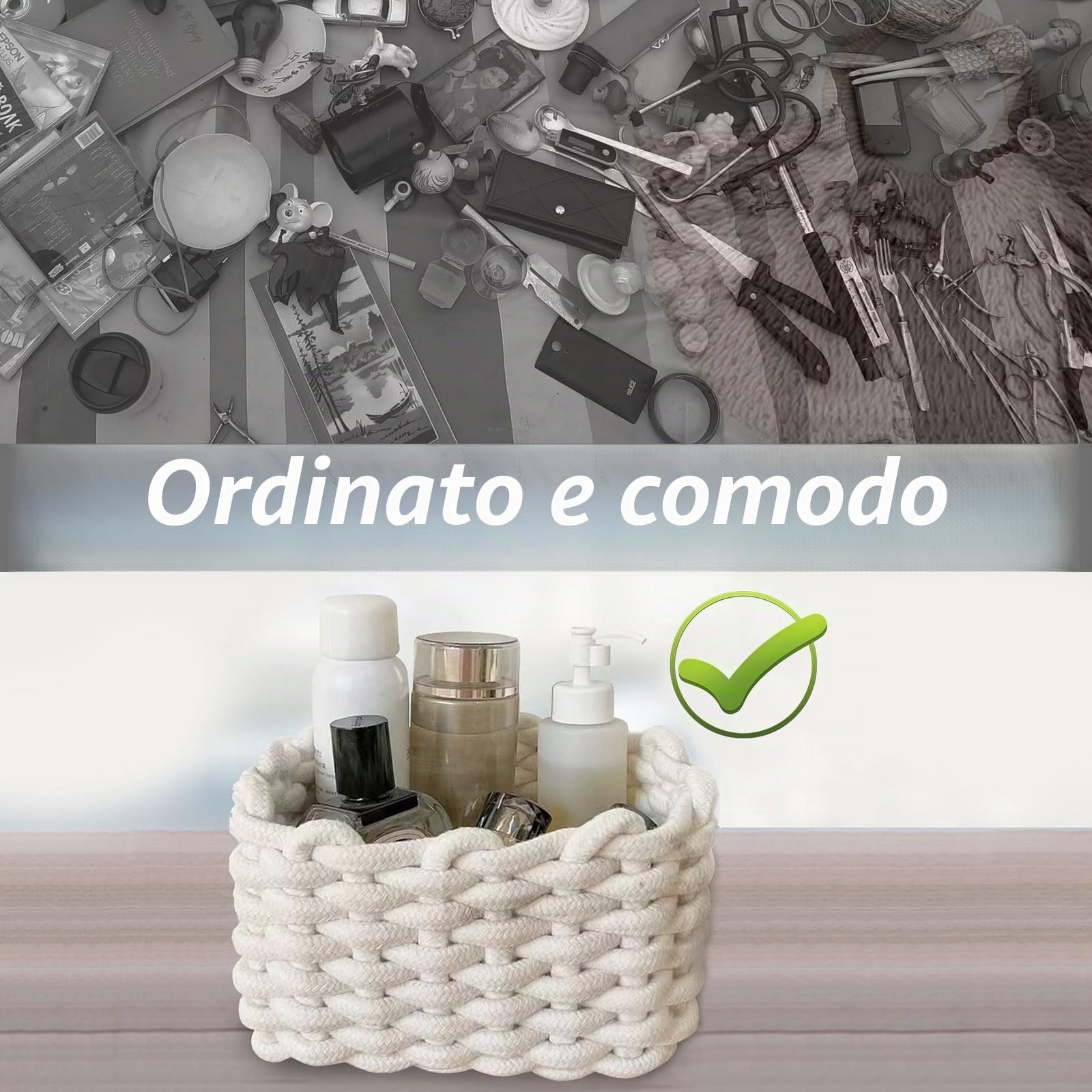 Cestini Portaoggetti, 2 Pezzi Cestini Portaoggetti in Corda di Cotone Intrecciato, 19x15x12cm Cesto Portaoggetti Intrecciato, per Tavolo da Toilette, Bagno, Camera da letto(Bianco)