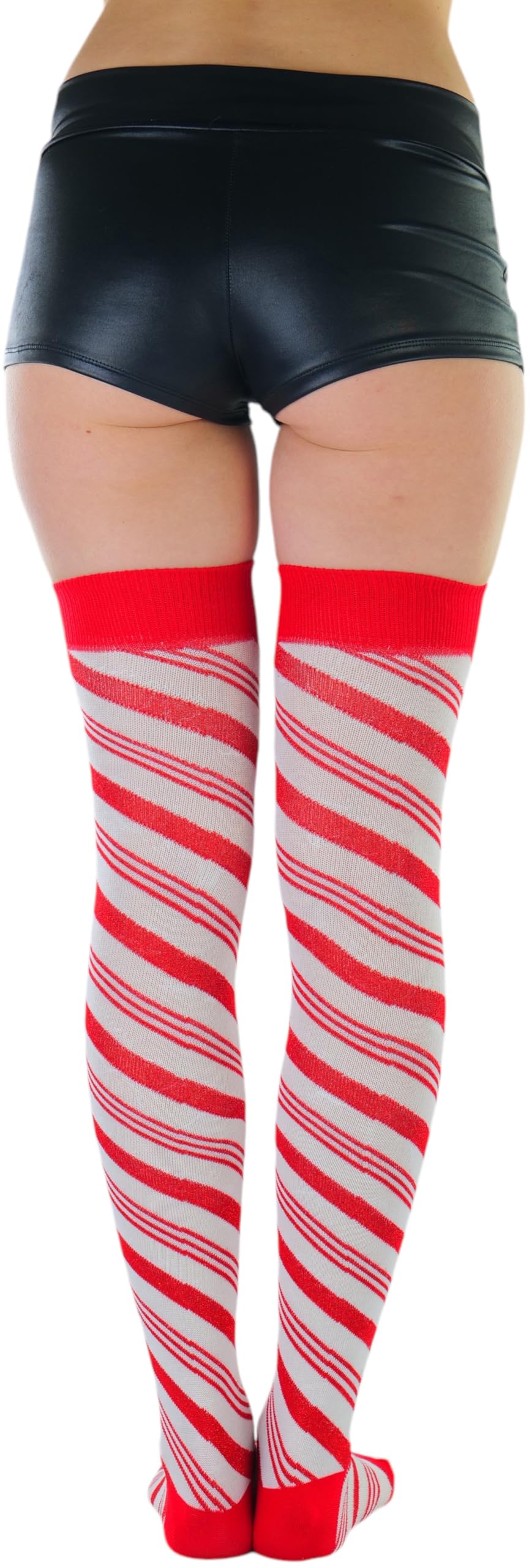 ToBeInStyle Women's Striped Christmas Thigh Hi Stockings W/Bow: One Size Shimmering Candy Cane Striped - Red/White