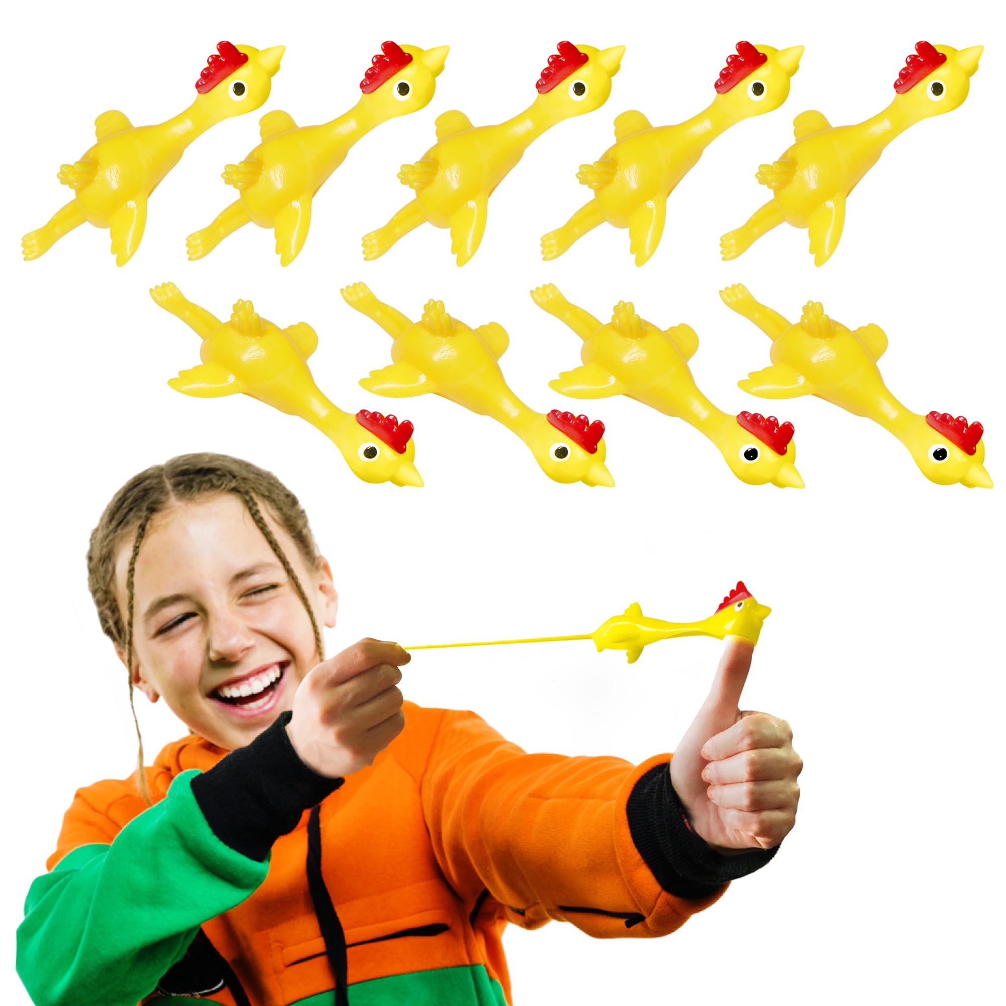 Novelty Place 10 Pcs Slingshot Chicken Flying Finger Toys - Stretchy Rubber Flick Chicks Shooting Game for Kids - Stress Relieve Fidget Toy, Party Favors & Easter Gift